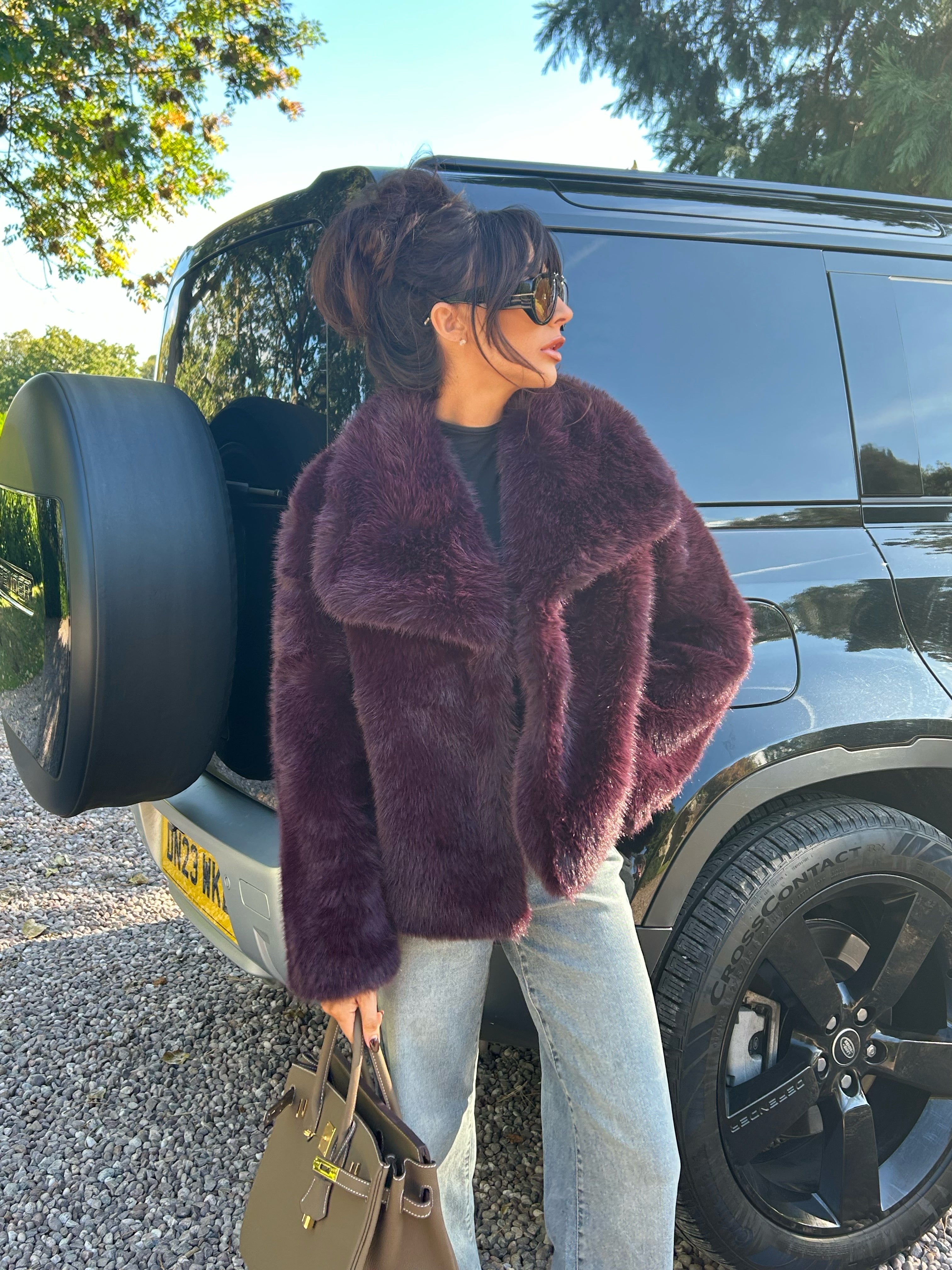 BAMBI Short Faux Fur Long Sleeved Jacket In Plum