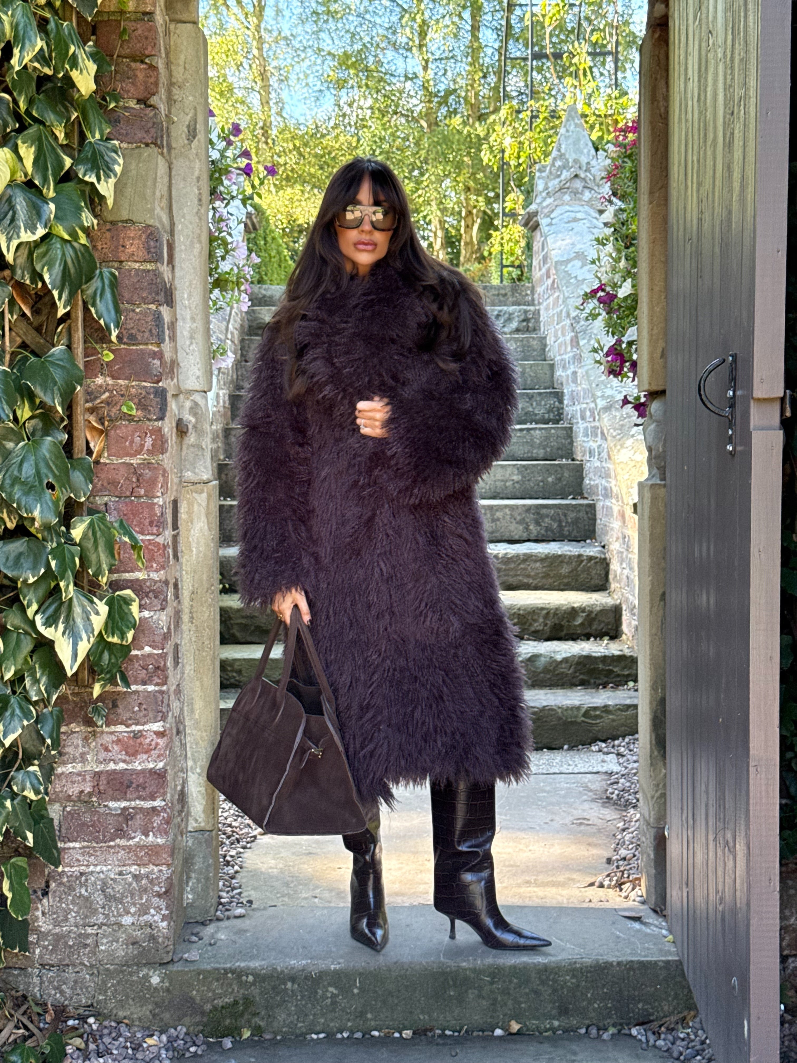 ASPEN Long Faux Mongolian Collared Coat In Chocolate Plum