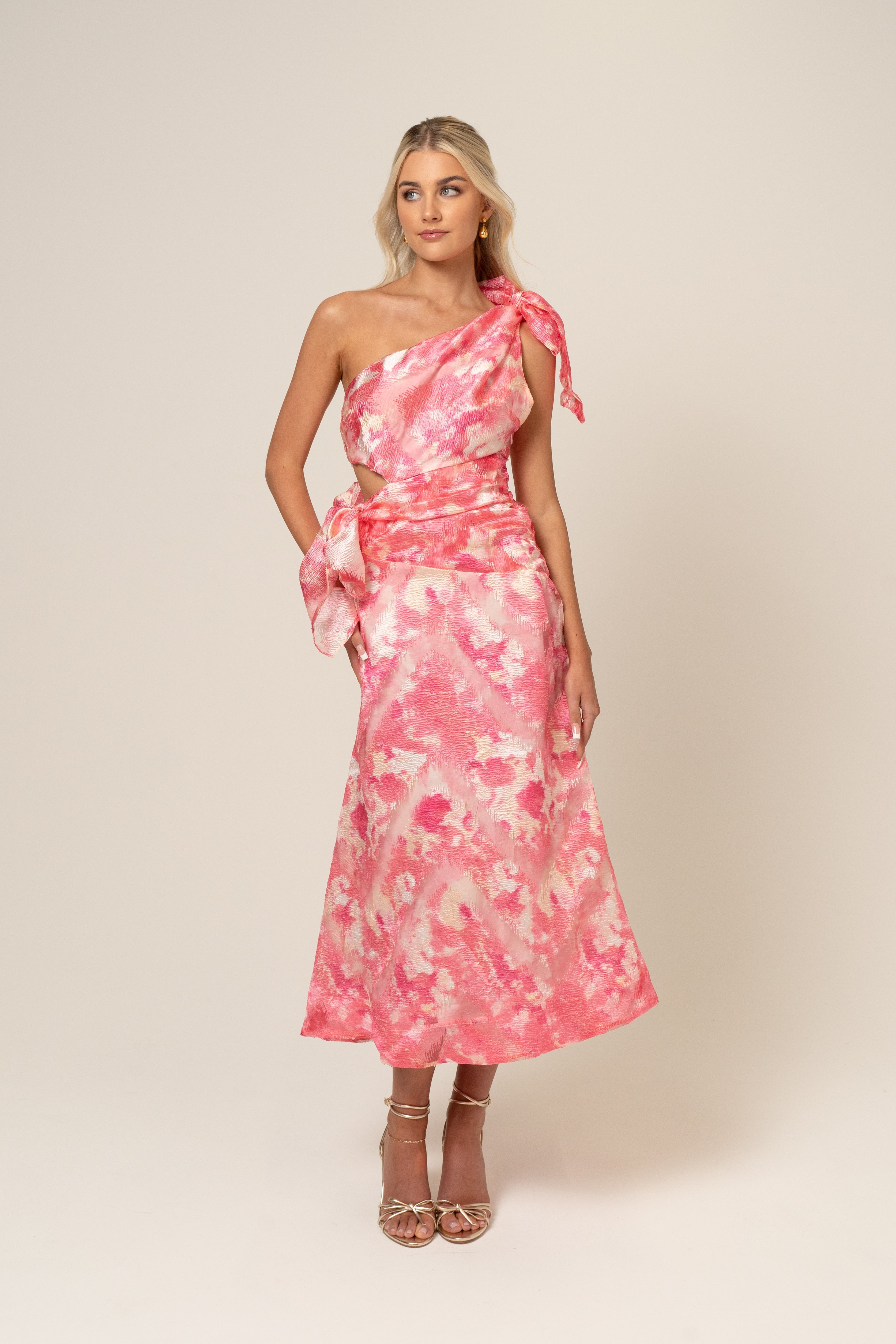 Olivia One Shoulder Pink Print Midi Dress