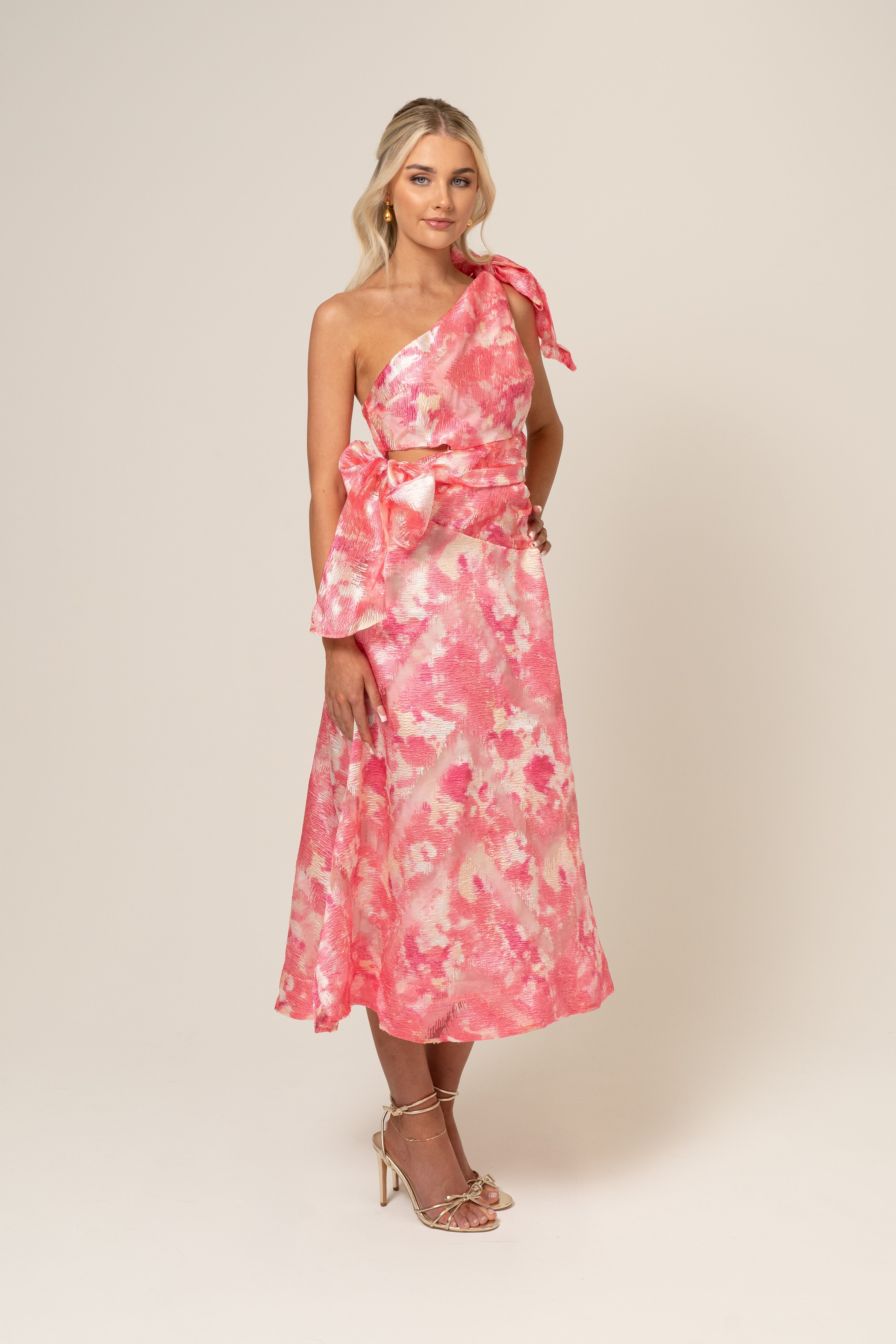 Olivia One Shoulder Pink Print Midi Dress