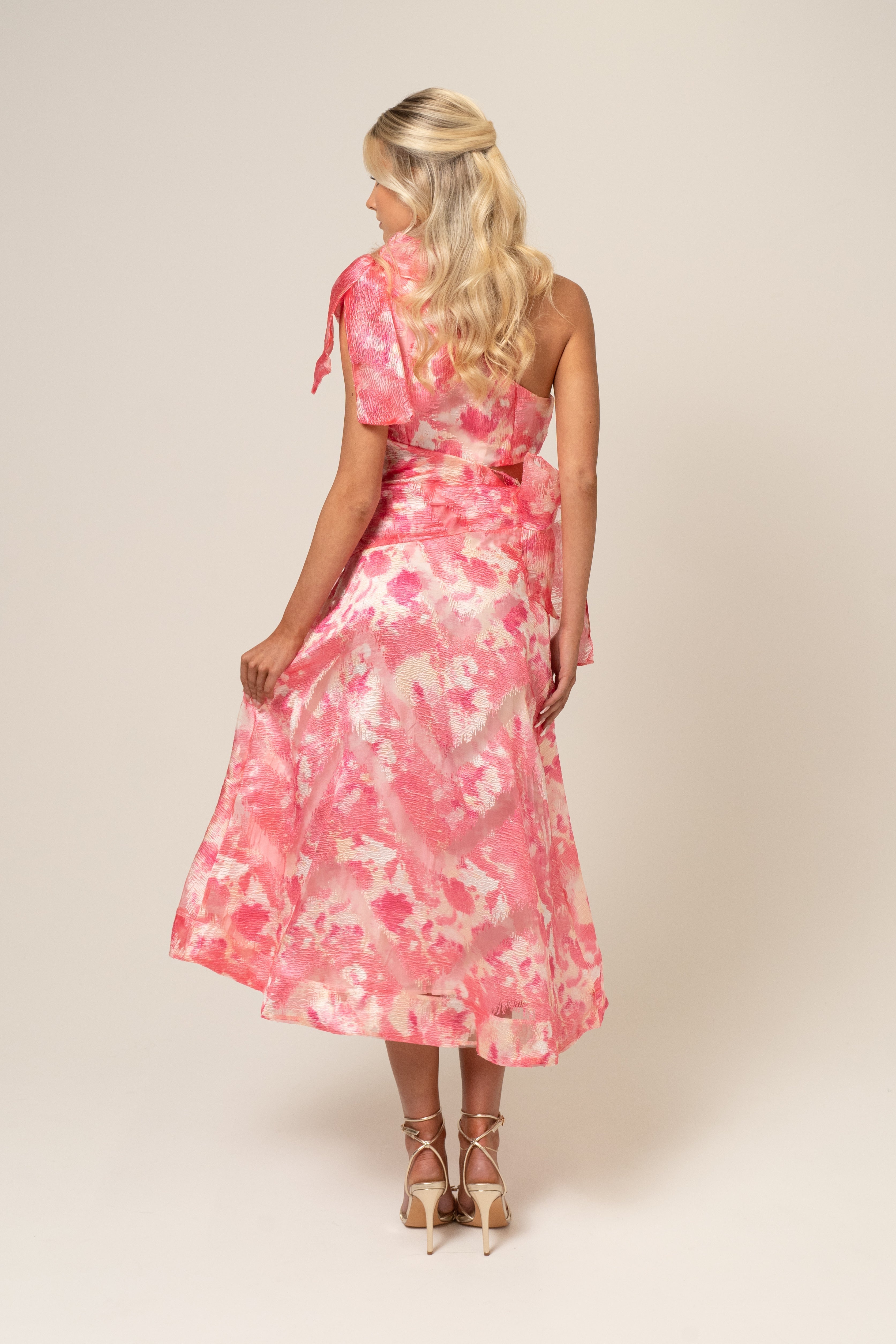 Olivia One Shoulder Pink Print Midi Dress
