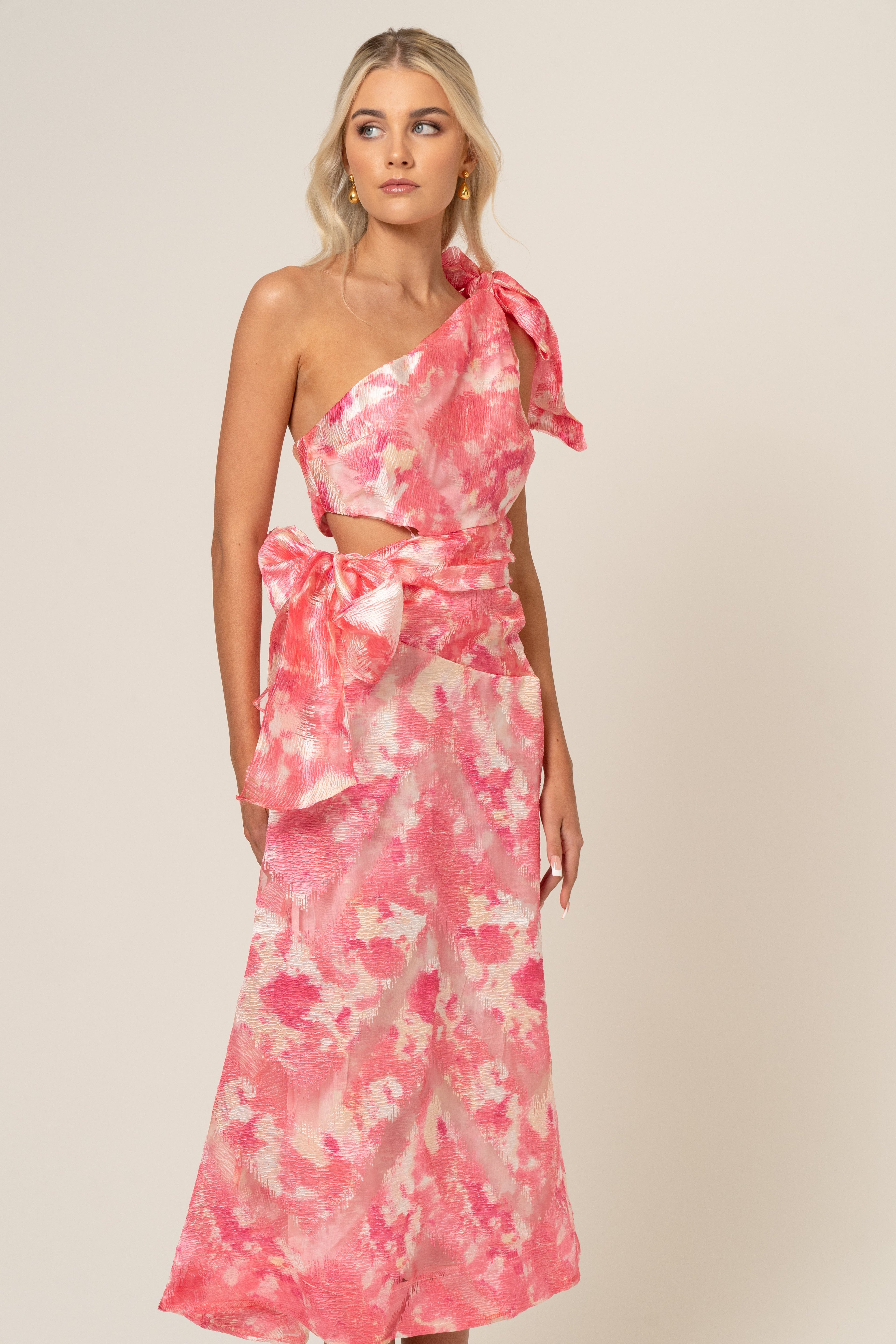 Olivia One Shoulder Pink Print Midi Dress