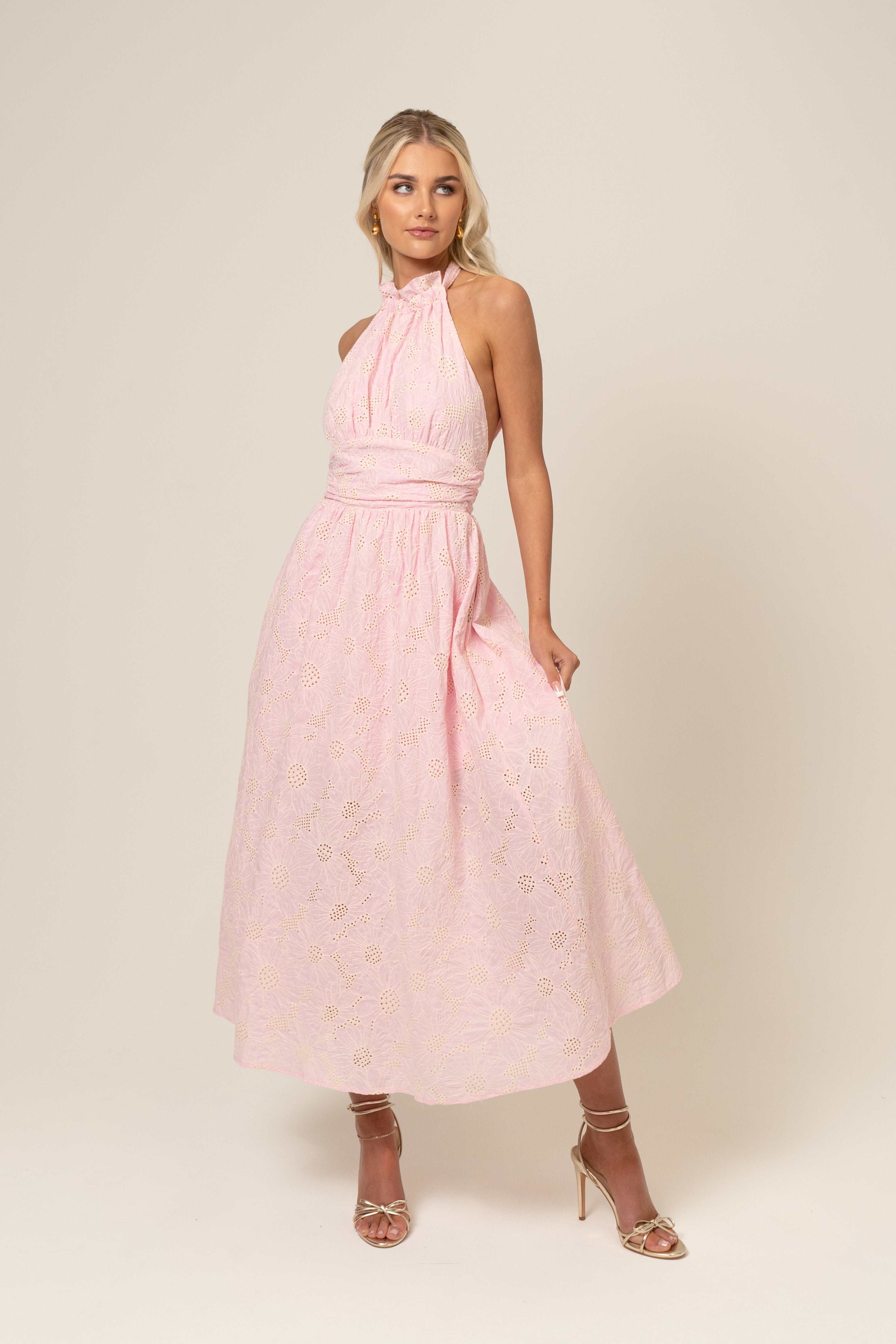 Audrey Halter Neck Midi Dress with Open Back