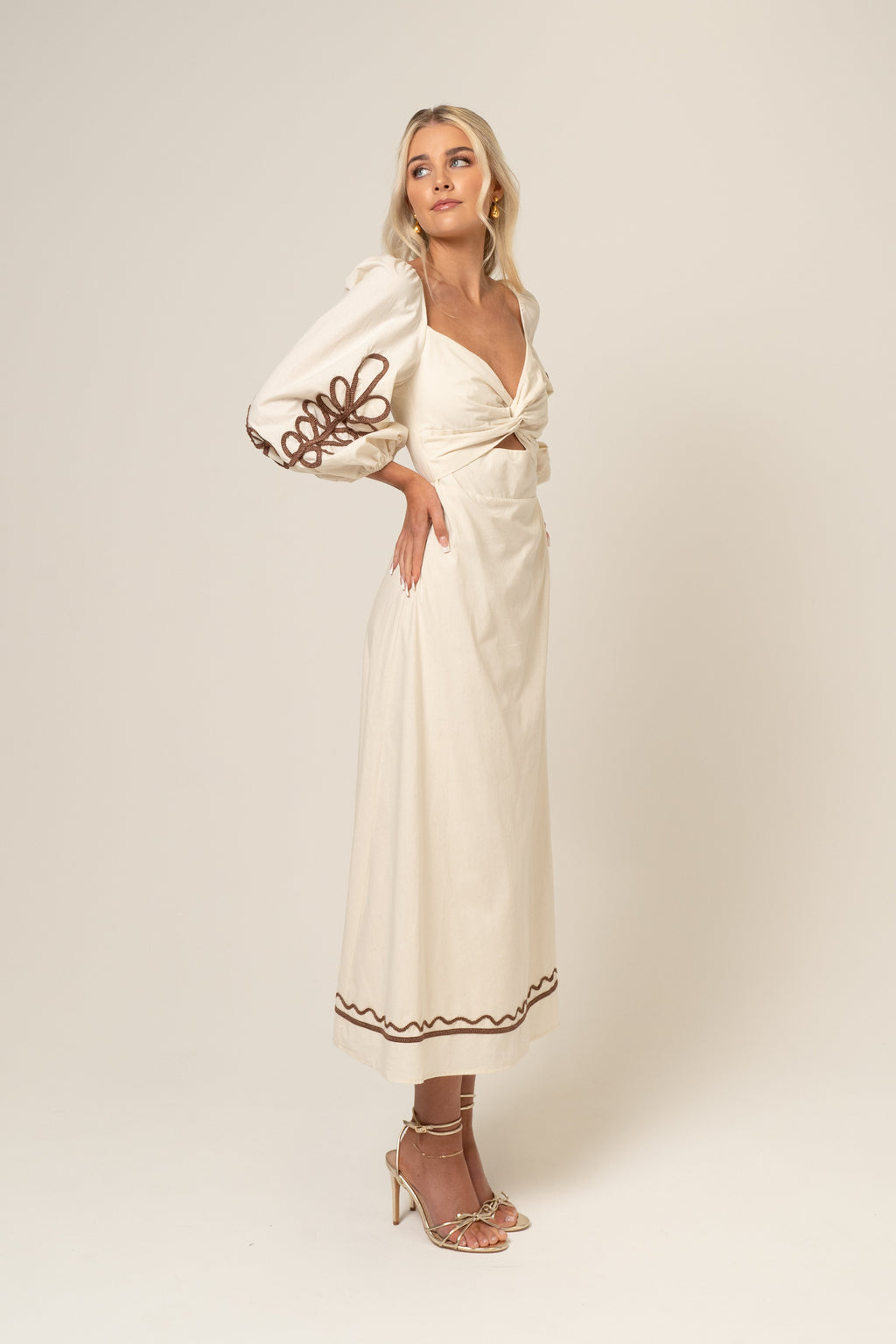 Abigail Beige Midi Dress with Billowed Sleeves