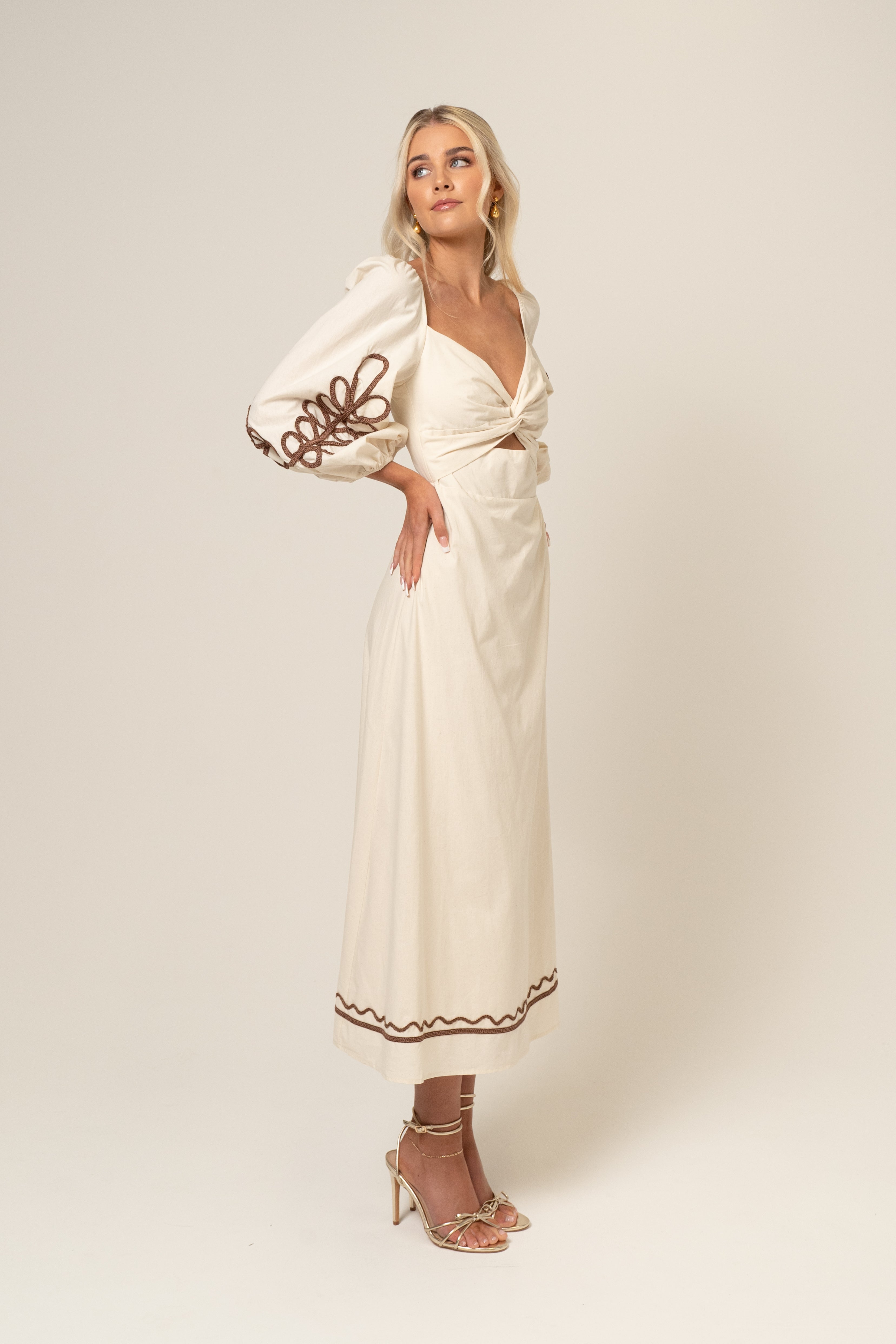 Abigail Beige Midi Dress with Billowed Sleeves