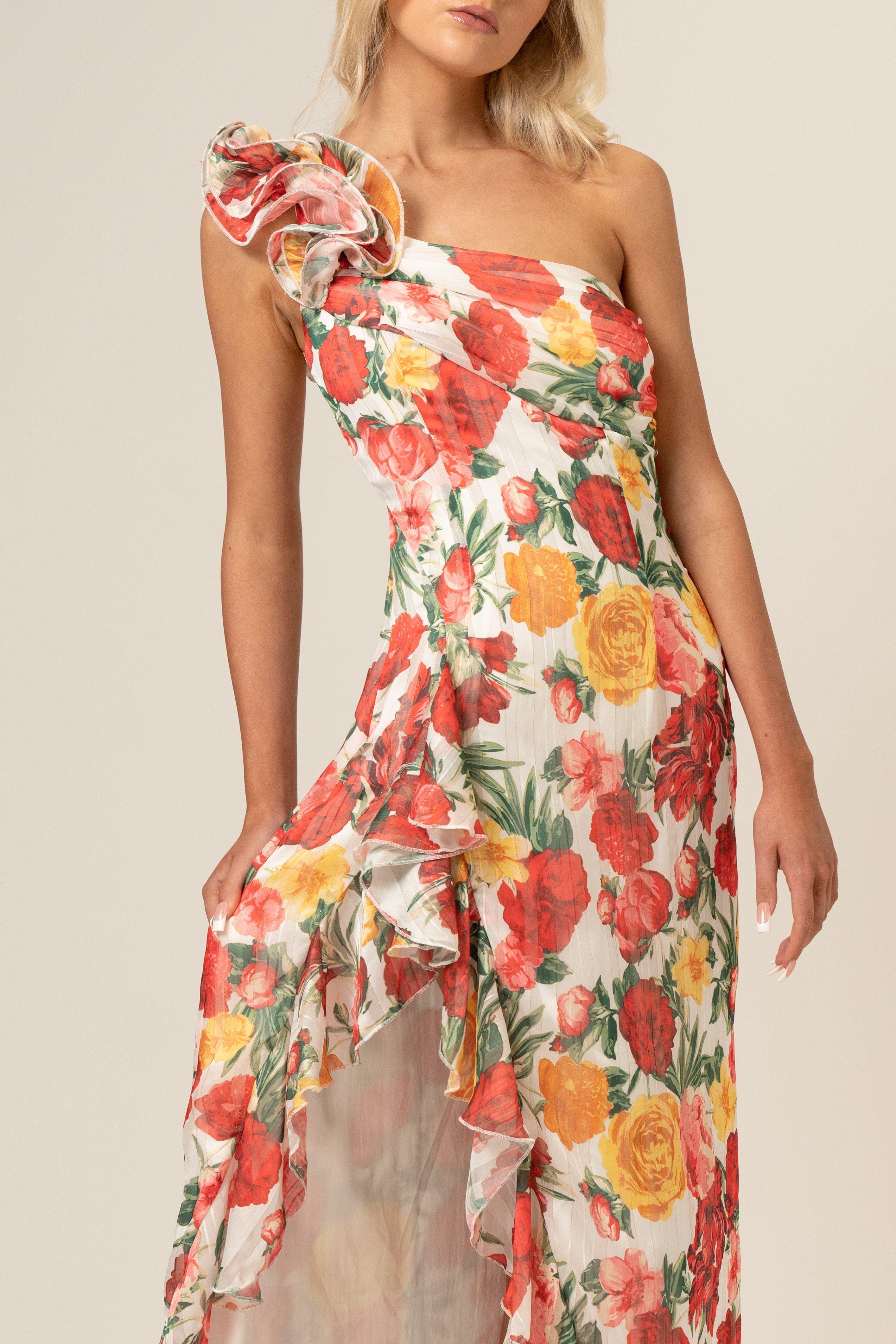Saskia One-Shoulder Ruffle Dress - Floral Print