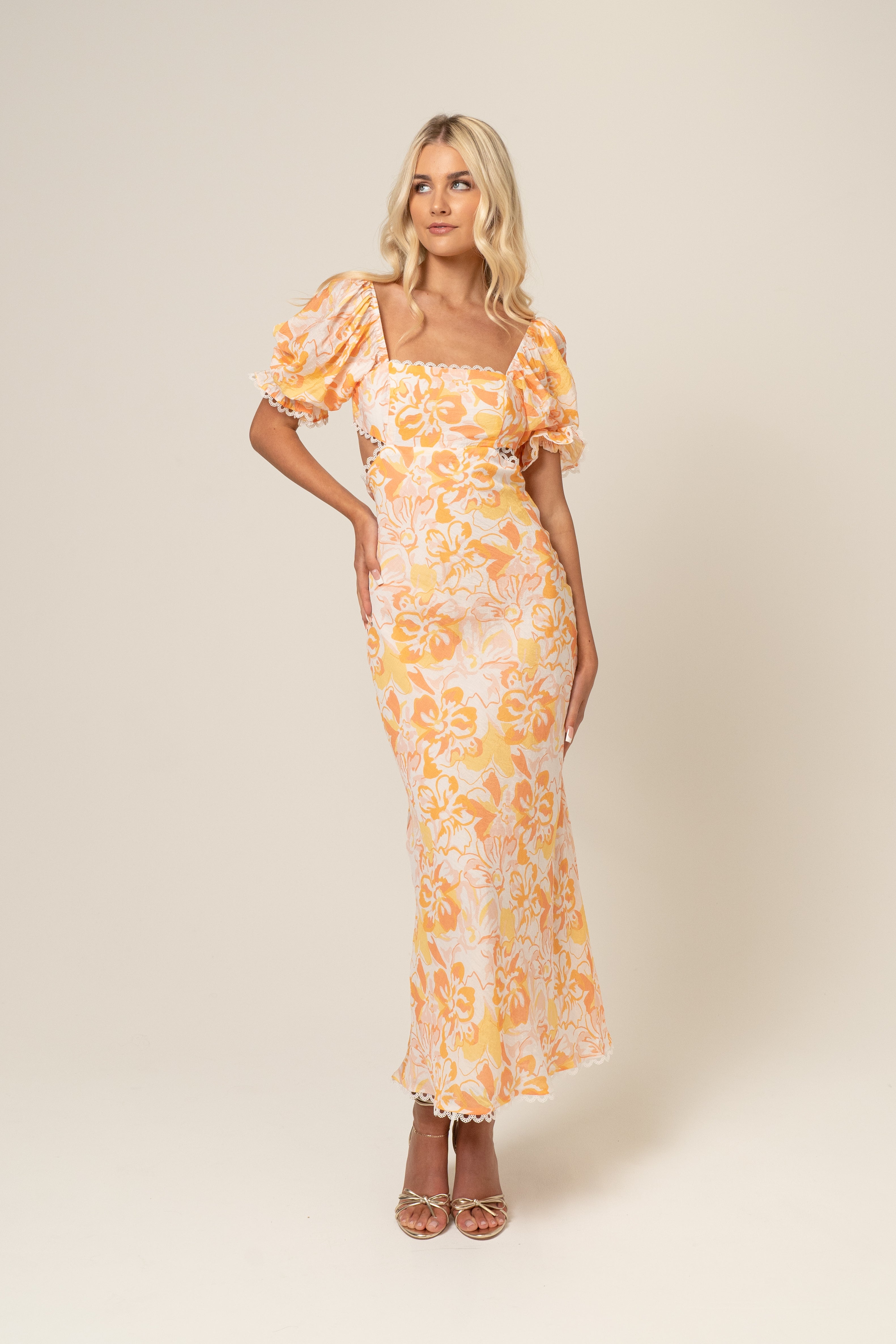 Winnie Floral Print Puff Sleeve Midi Dress
