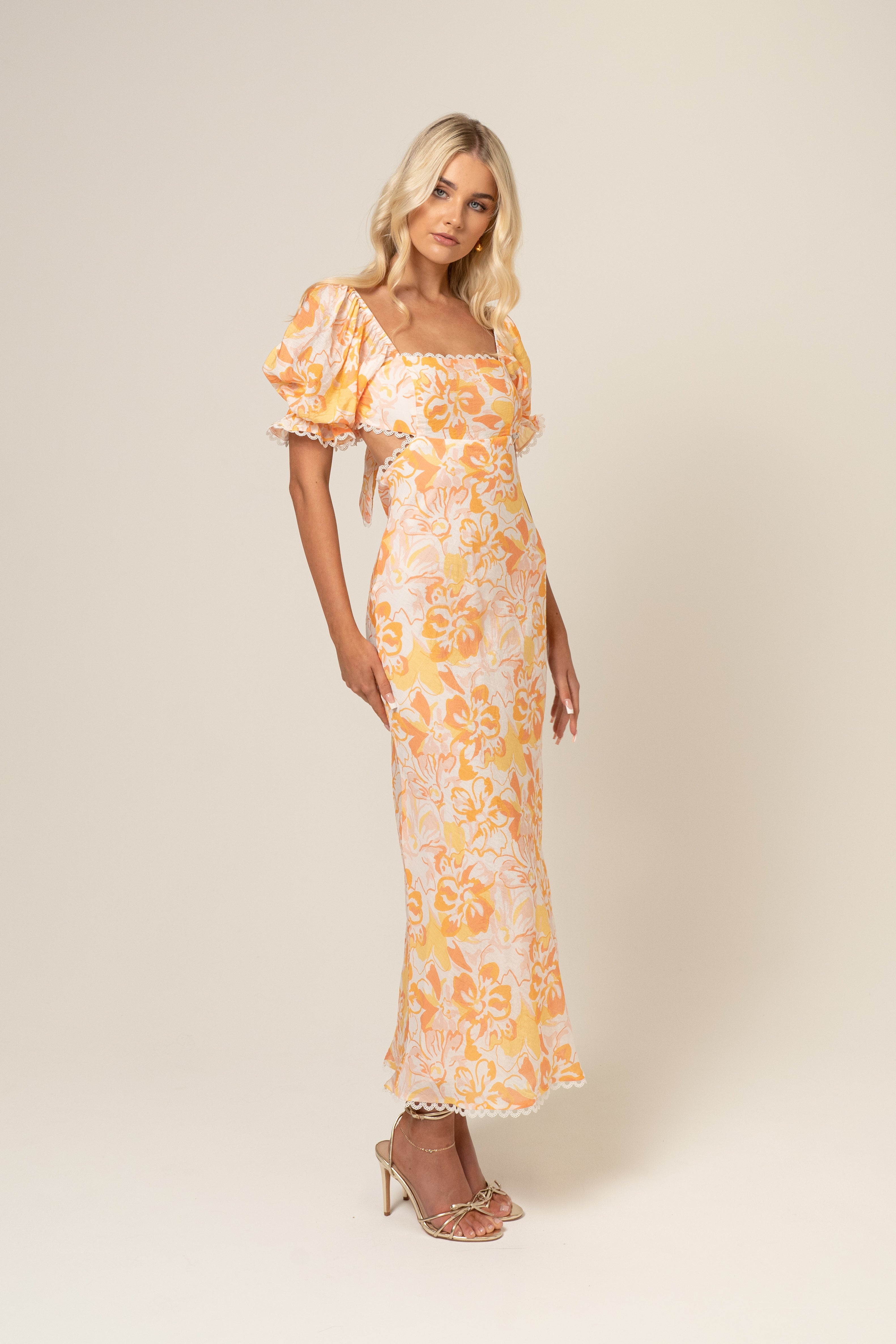 Winnie Floral Print Puff Sleeve Midi Dress