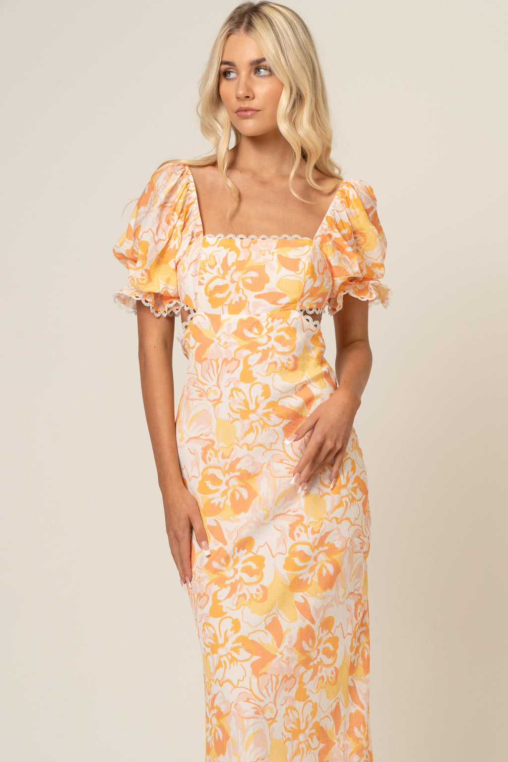 Winnie Floral Print Puff Sleeve Midi Dress