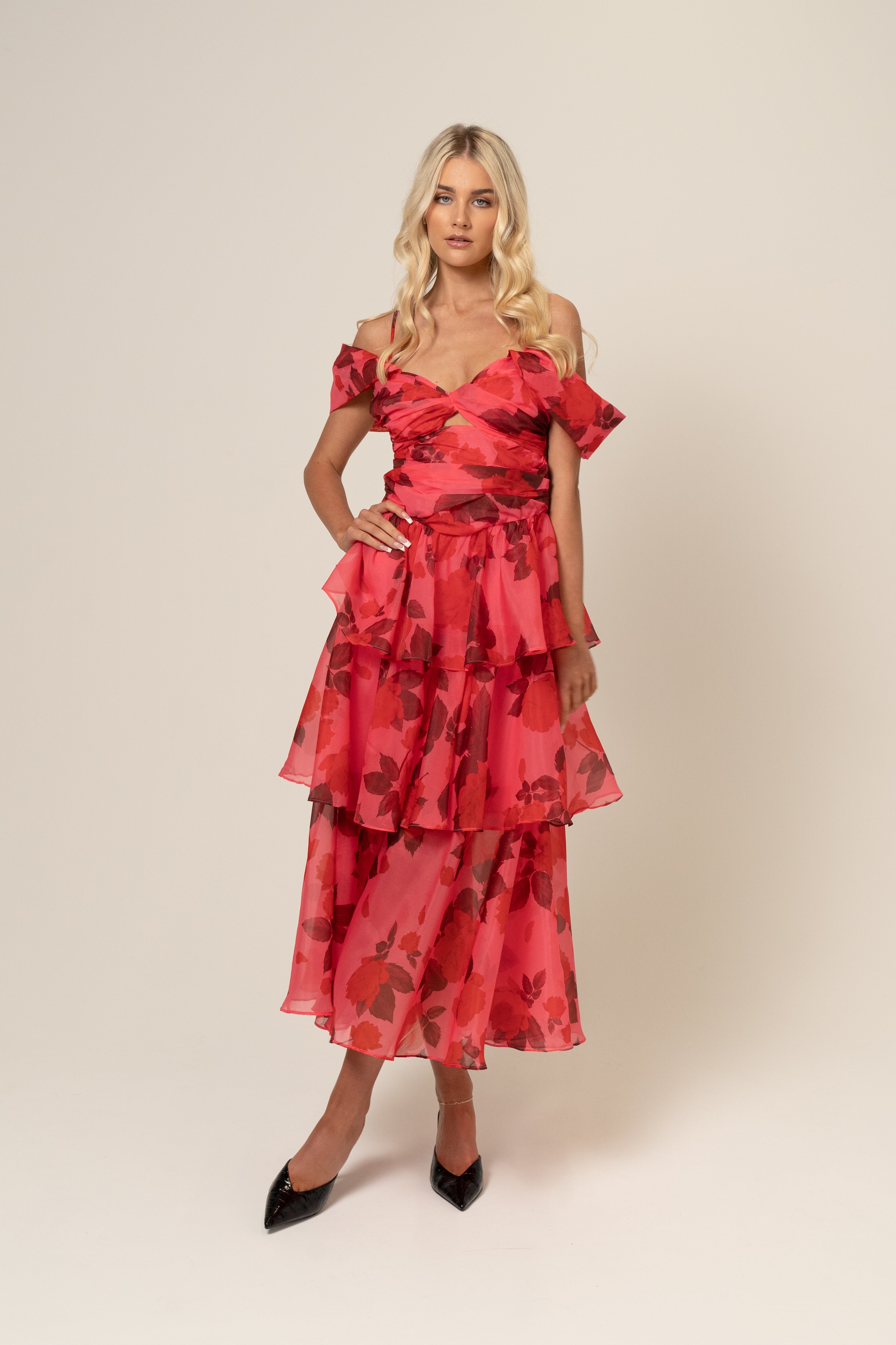 Anastasia Drop-Shoulder Tiered Maxi Dress