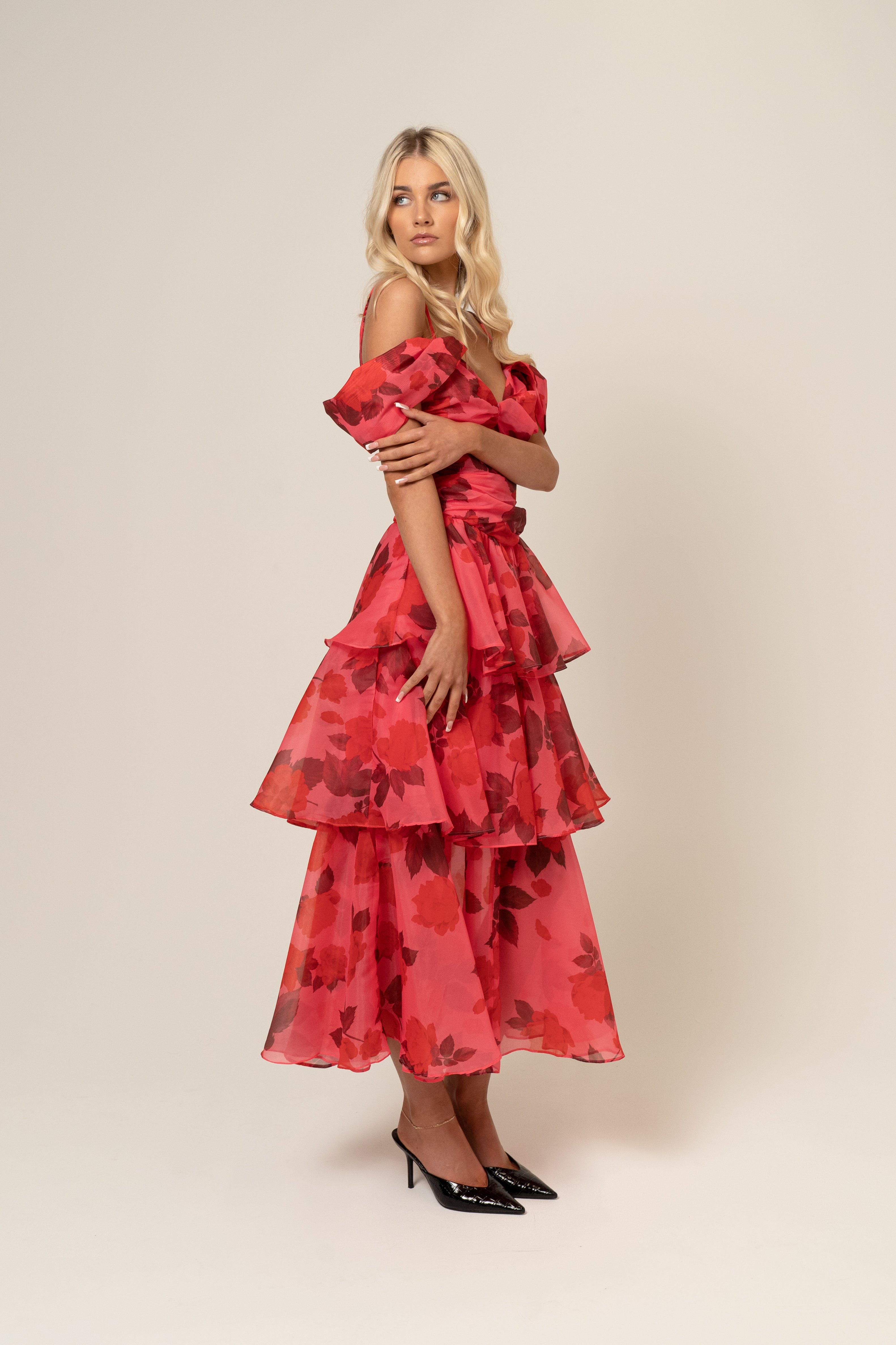 Anastasia Drop-Shoulder Tiered Maxi Dress