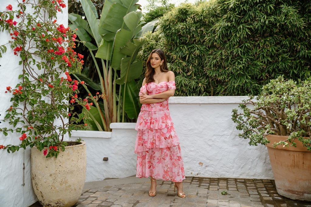 Jenna Drop Shoulder Pink Floral Maxi Dress