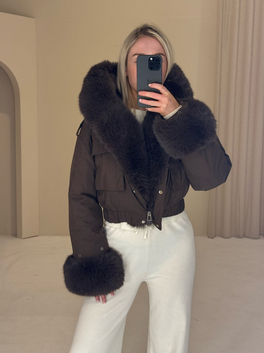 SASKIA Faux Fur Hooded Cropped Puffa Jacket In Chocolate