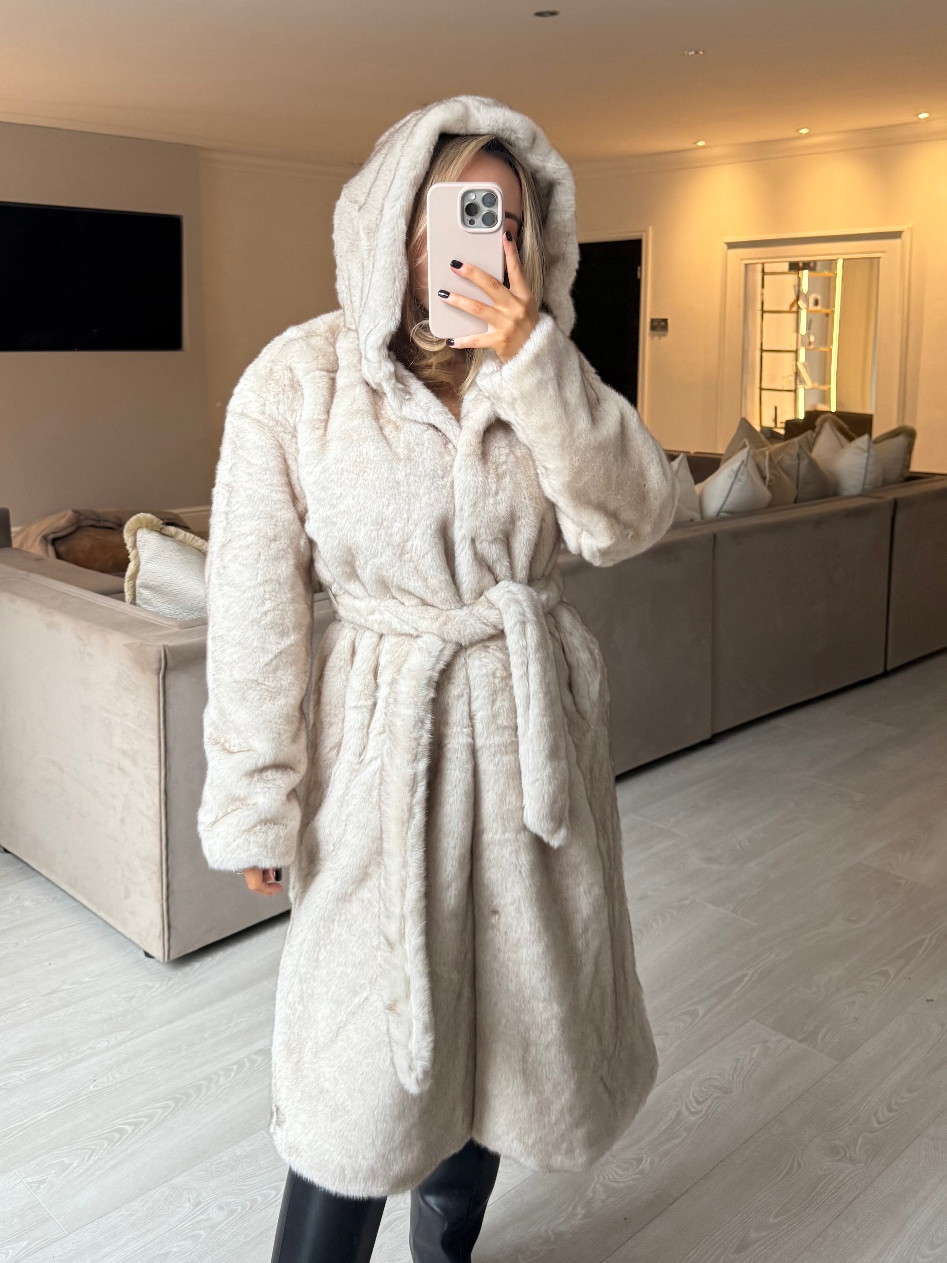 WILLOW Long Sleeved Faux Fur Hooded Long Belted Coat In Marble Snow