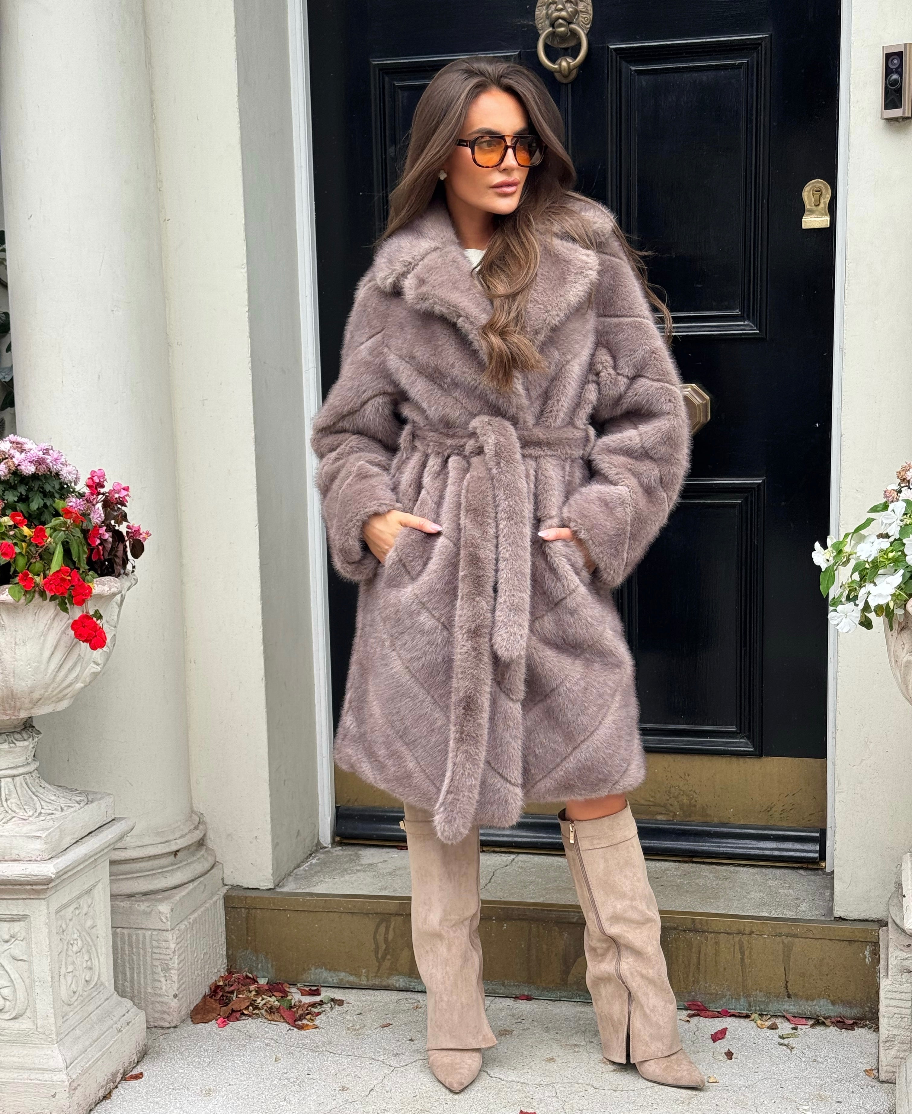 AUTUMN Longline Faux Fur Line Detail Coat with Belt In Mink