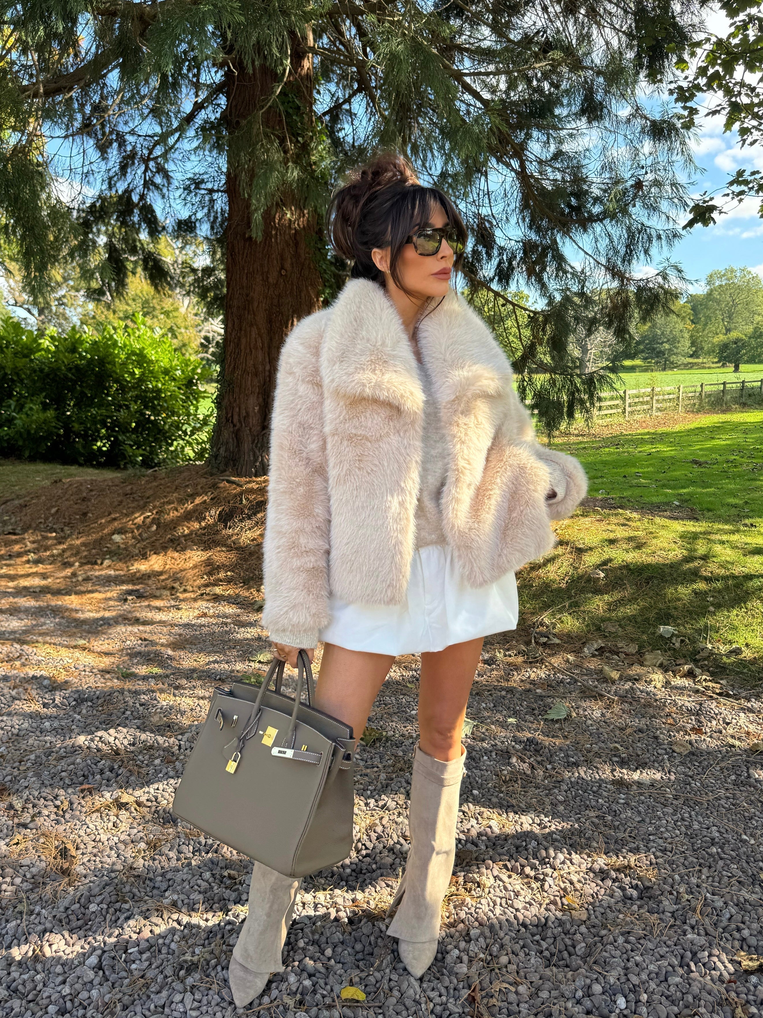 BAMBI Short Faux Fur Long Sleeved Jacket In Biscuit