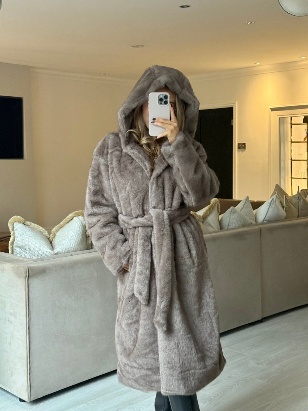 WILLOW Long Sleeved Faux Fur Hooded Long Belted Coat In Mink