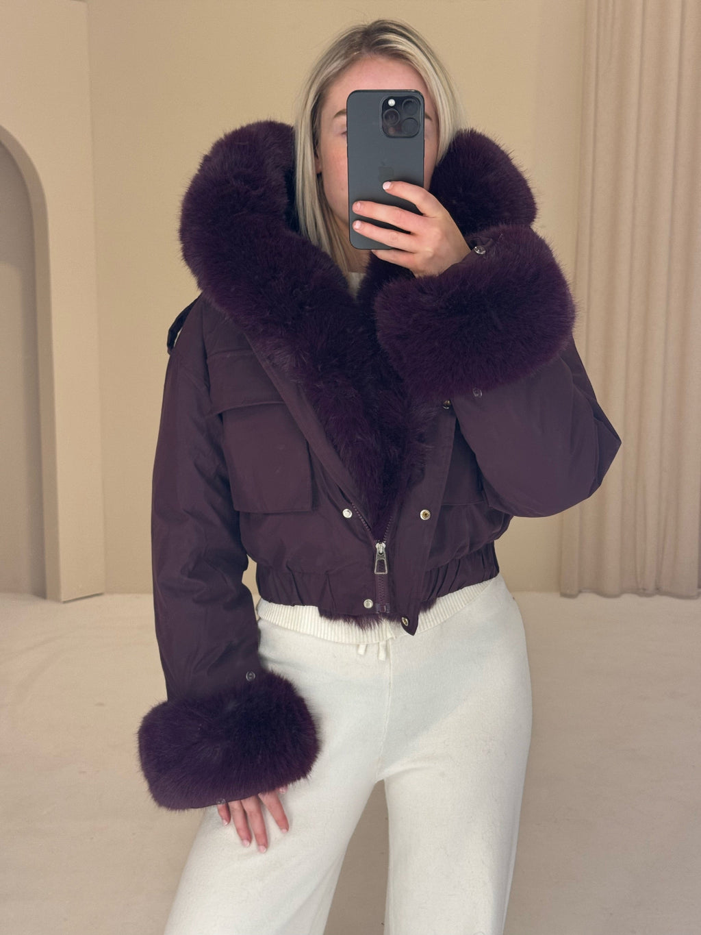 SASKIA Faux Fur Hooded Cropped Puffa Jacket In Burgundy