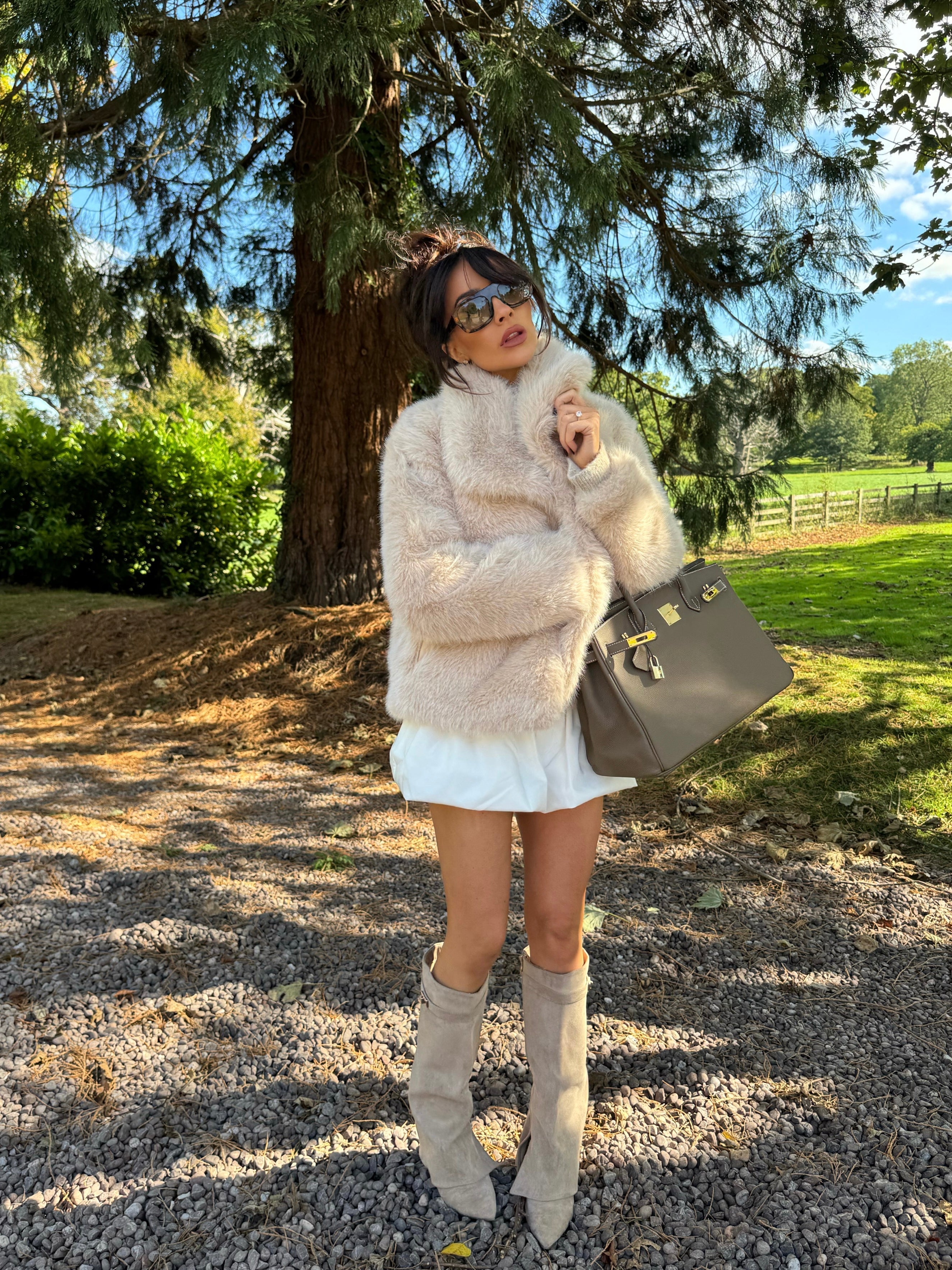 BAMBI Short Faux Fur Long Sleeved Jacket In Biscuit