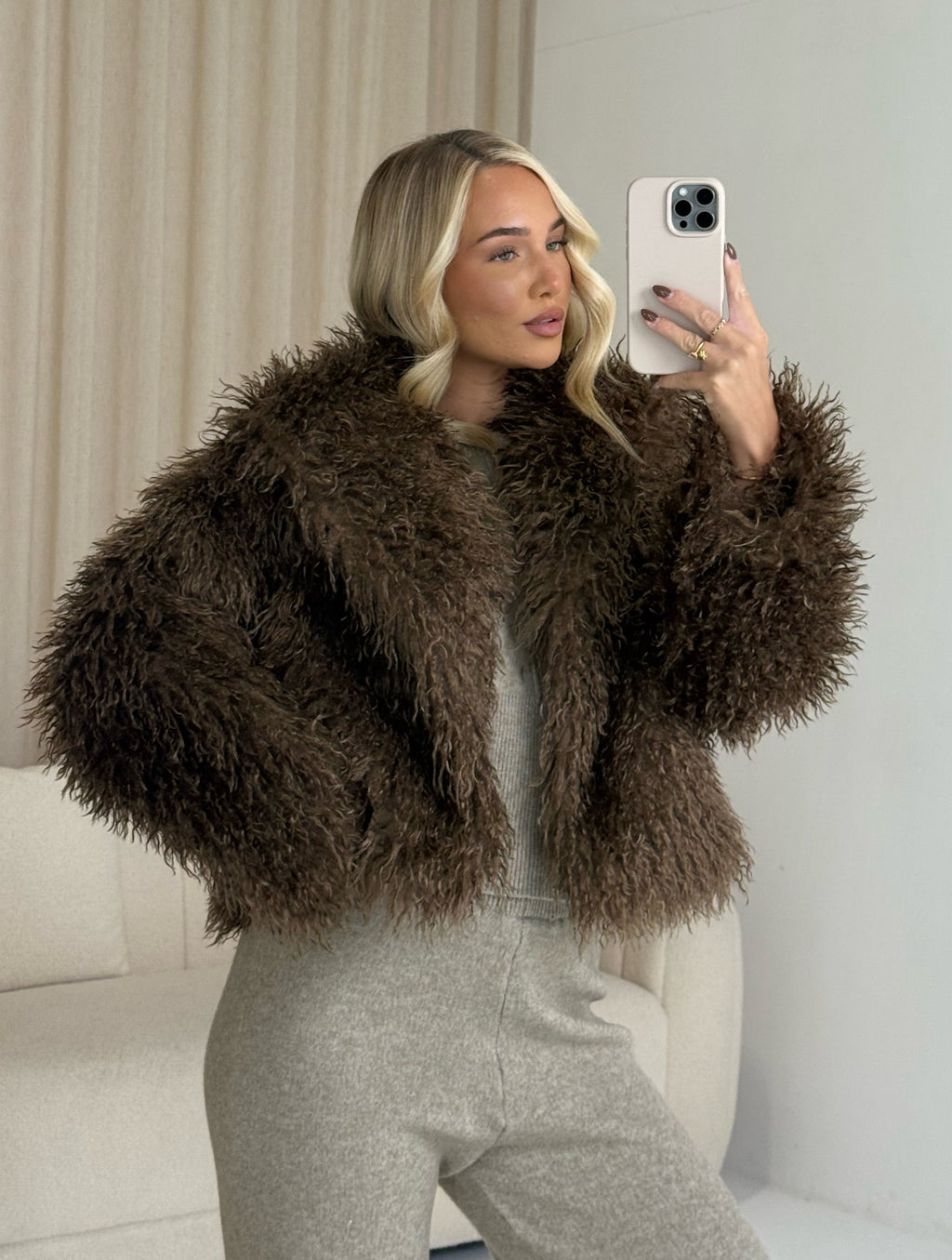 KENDALL Long Sleeved Shaggy Mongolian Cropped Jacket In Chocolate
