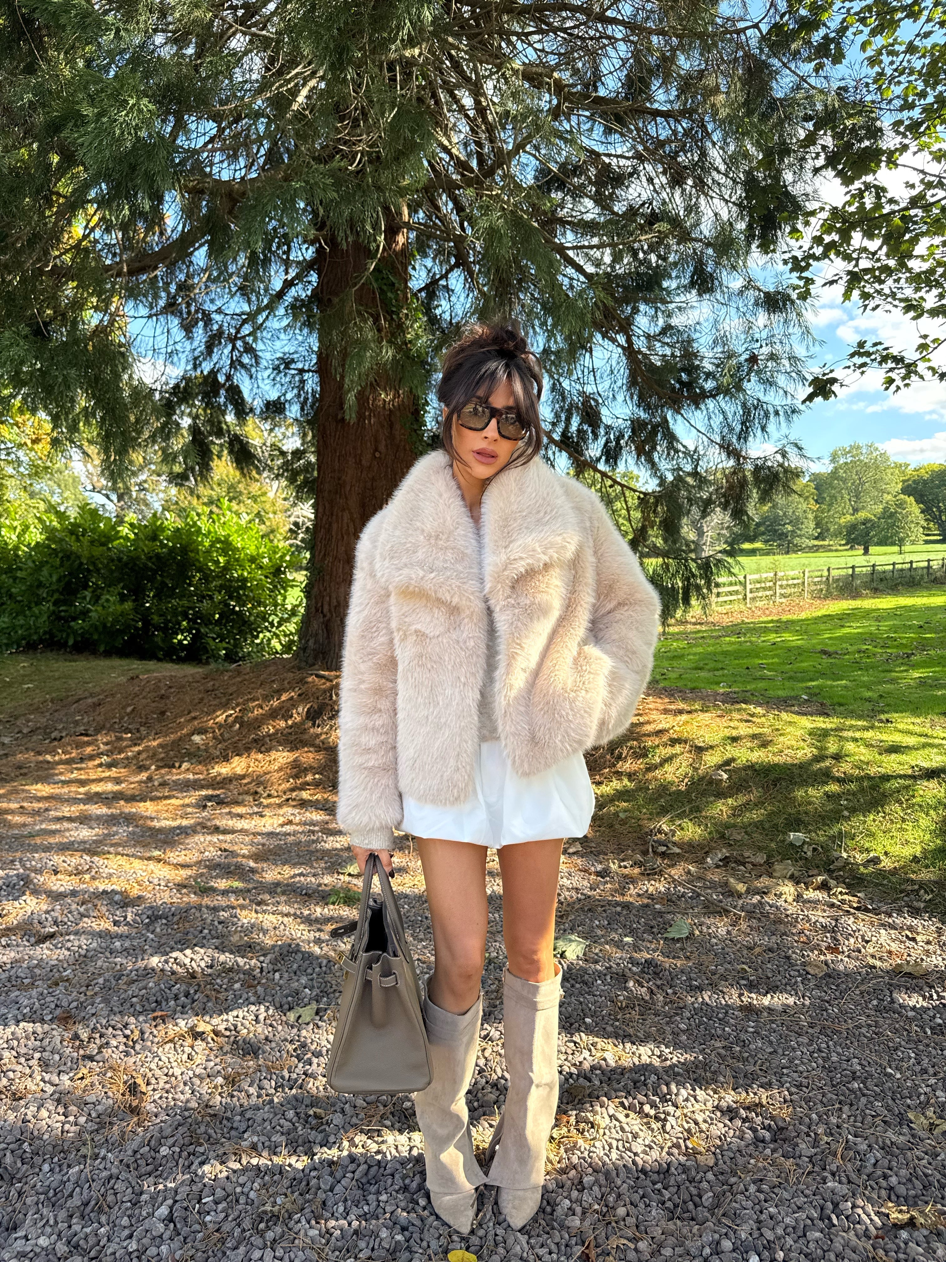 BAMBI Short Faux Fur Long Sleeved Jacket In Biscuit