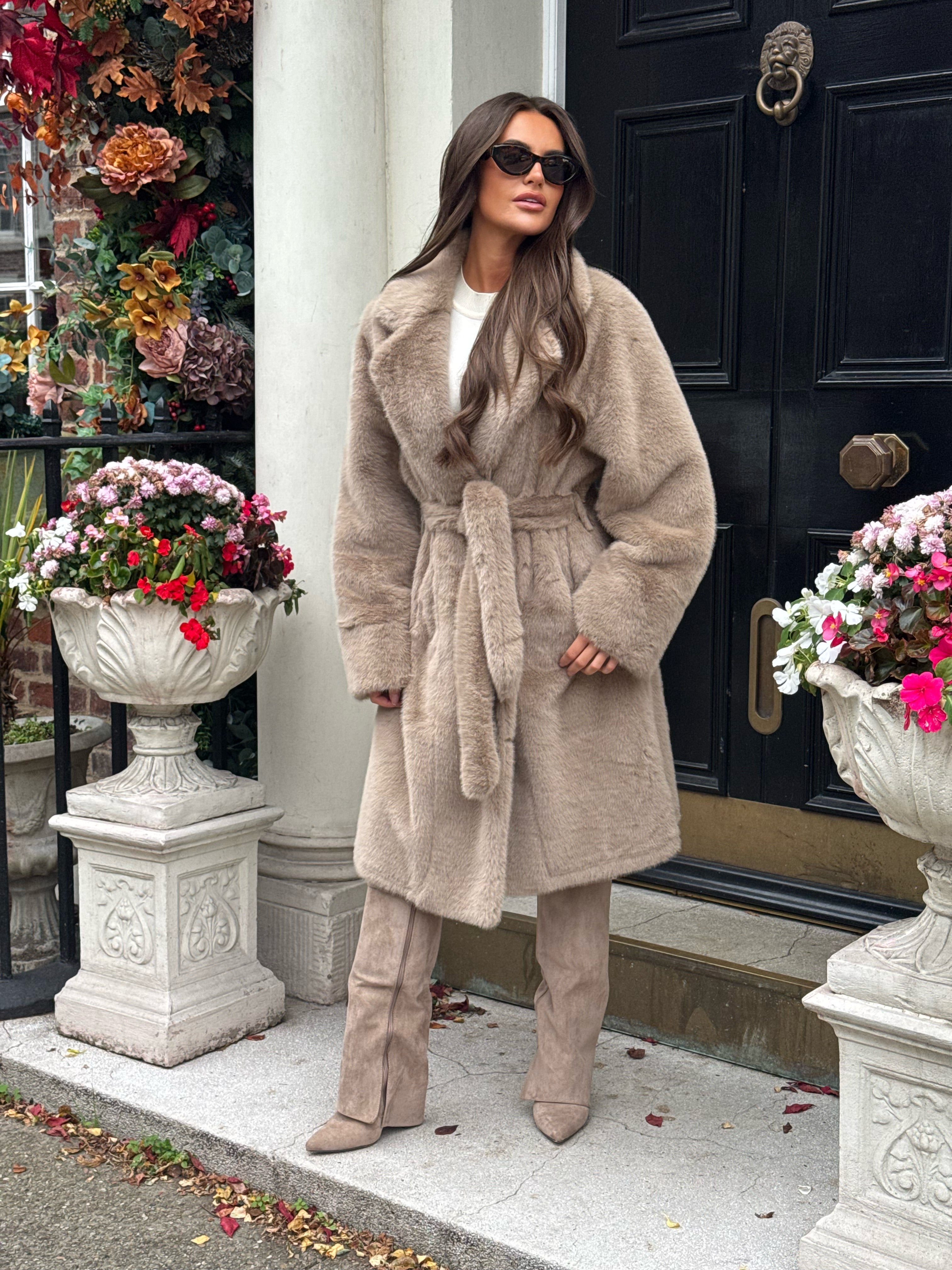 BEAR Faux Fur Long Sleeved Tie Belt Coat In Biscuit