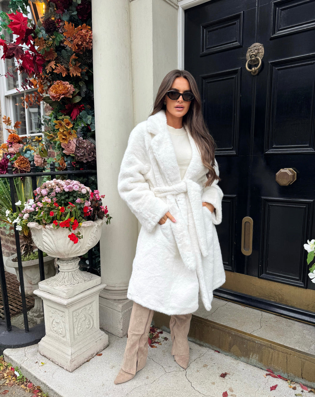 BEAR Faux Fur Long Sleeved Tie Belt Coat In White