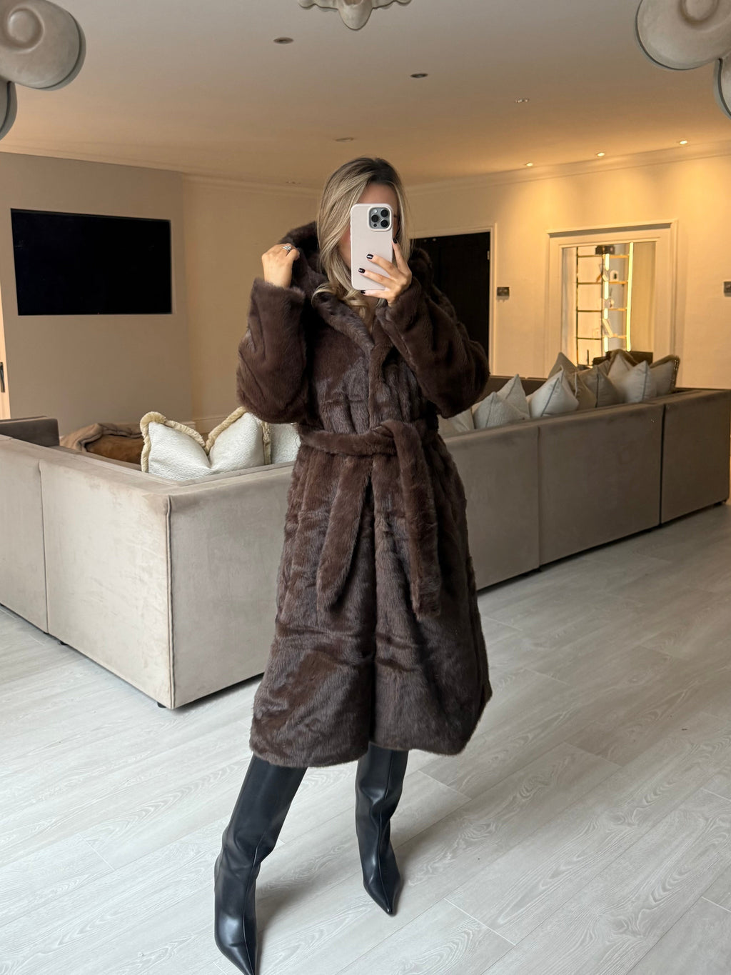 WILLOW Long Sleeved Faux Fur Hooded Long Belted Coat In Chocolate