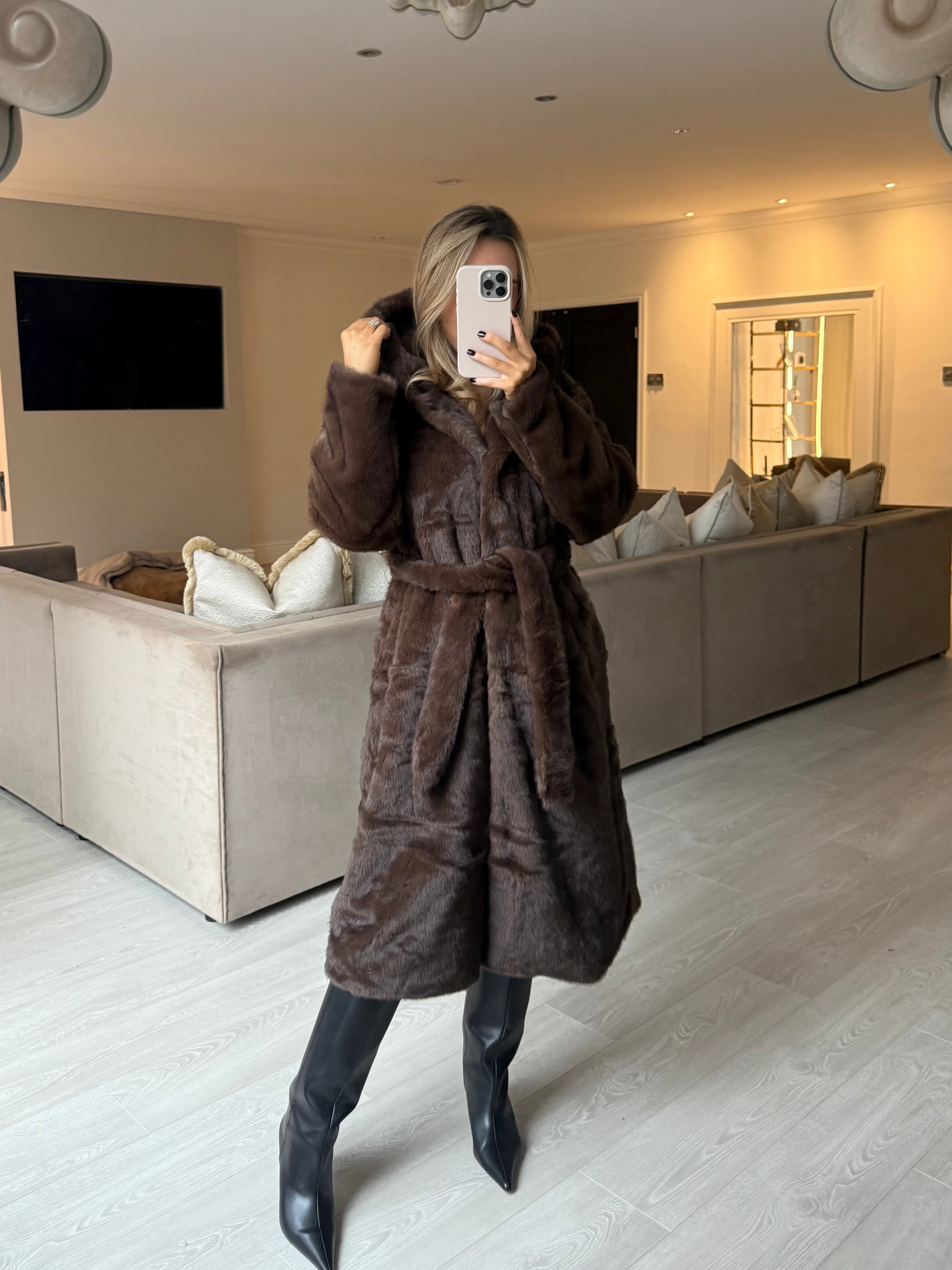 WILLOW Long Sleeved Faux Fur Hooded Long Belted Coat In Chocolate