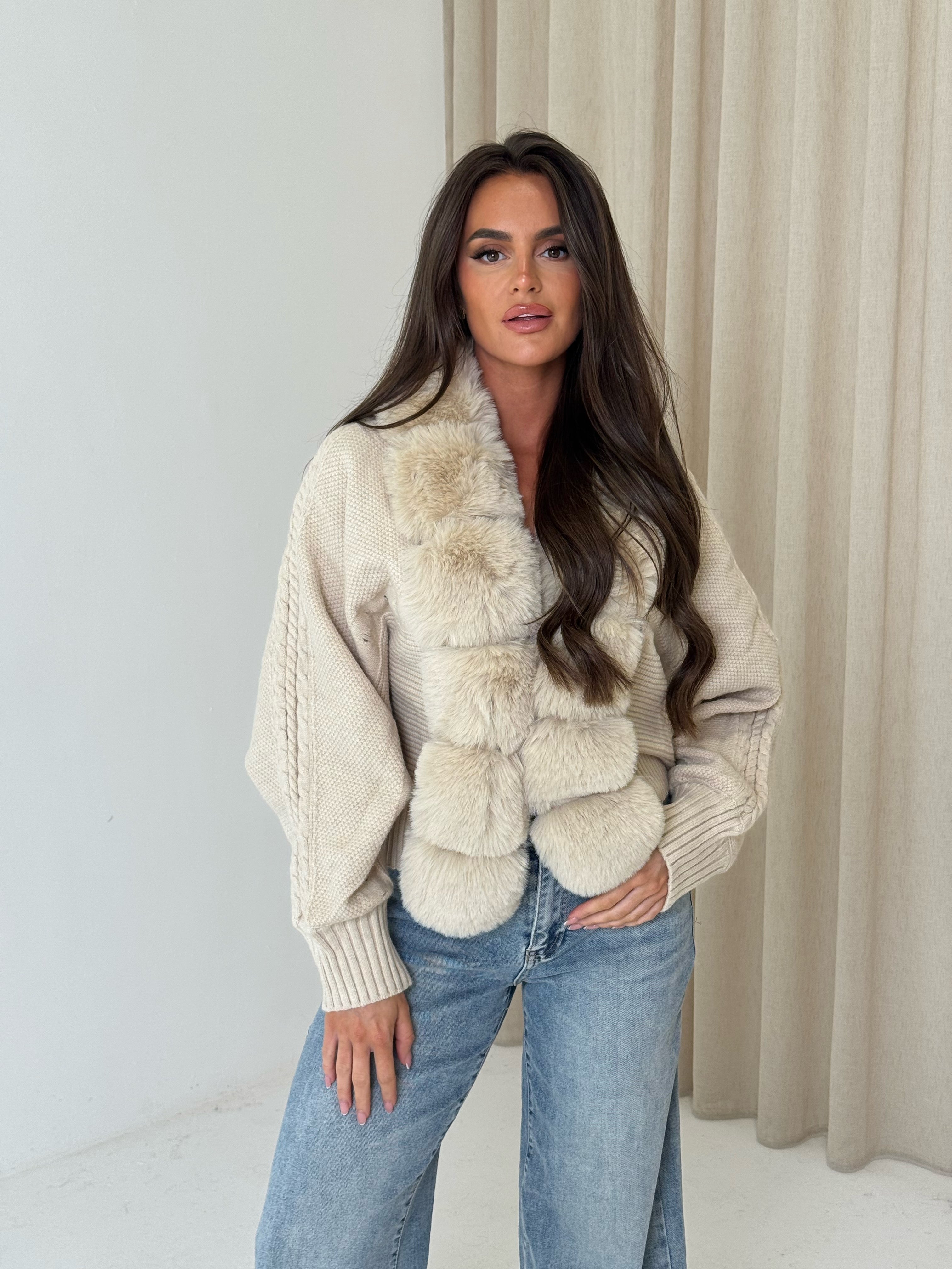 CARLA Knitted Faux Fur Long Sleeved Cardigan Jacket In Biscuit