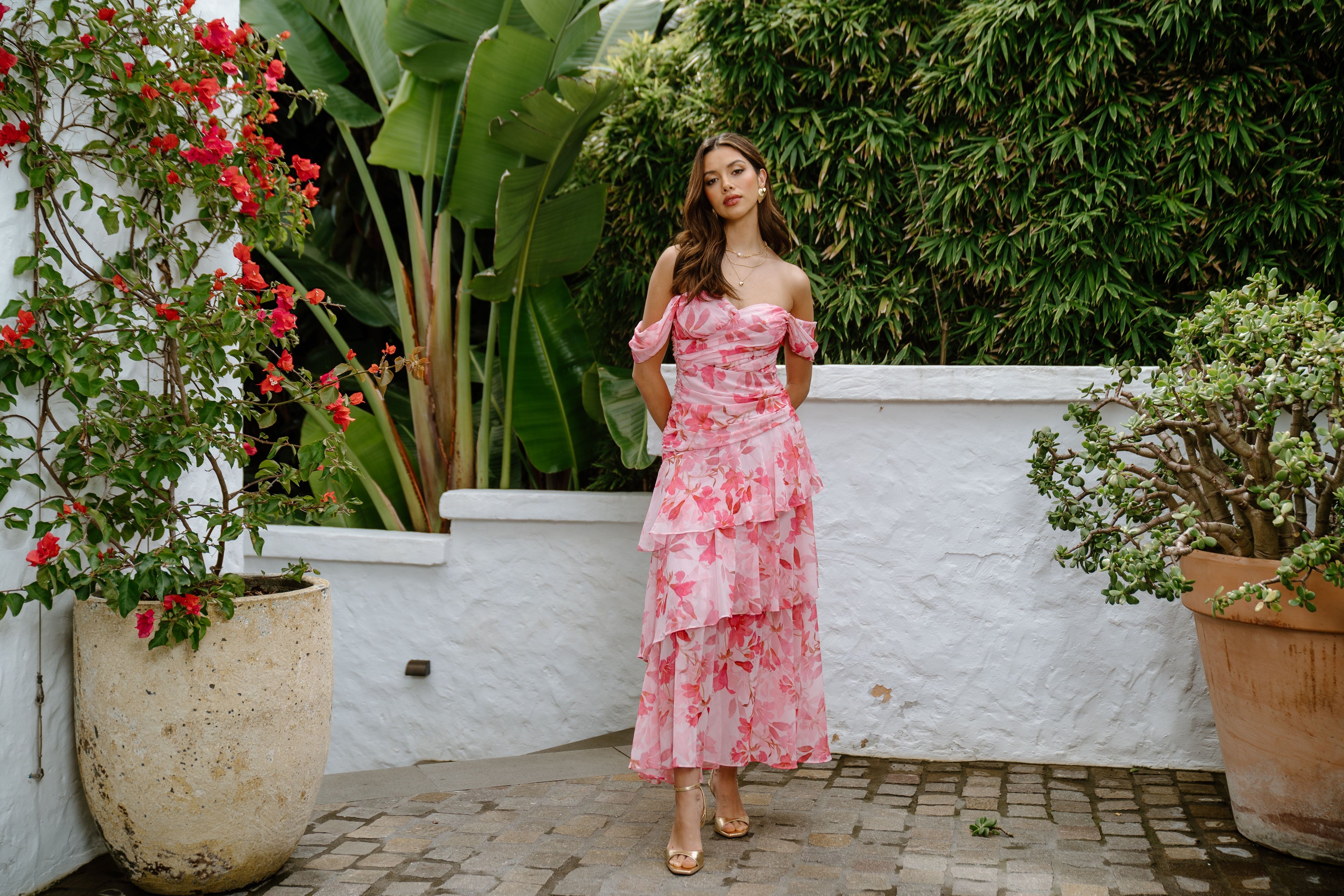 Jenna Drop Shoulder Pink Floral Maxi Dress