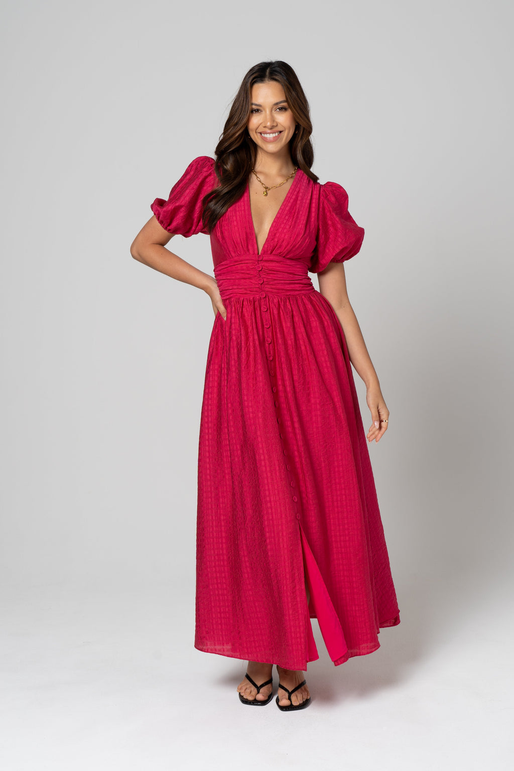 Alissa Puff Sleeve Button Down Midi Dress