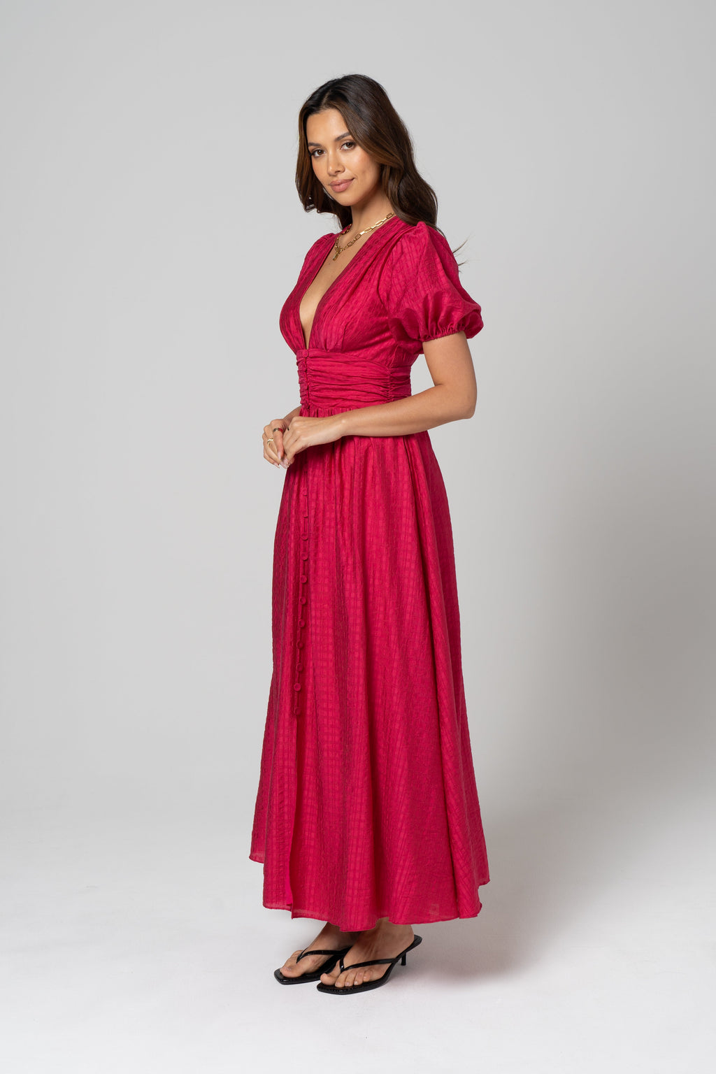 Alissa Puff Sleeve Button Down Midi Dress