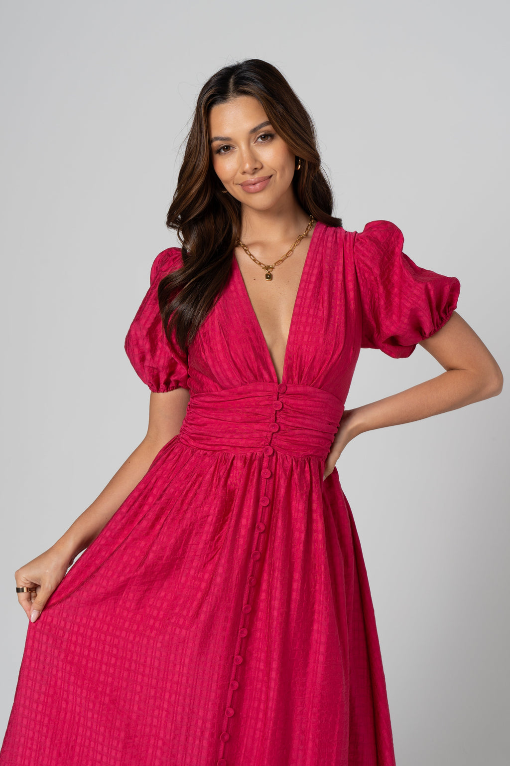 Alissa Puff Sleeve Button Down Midi Dress