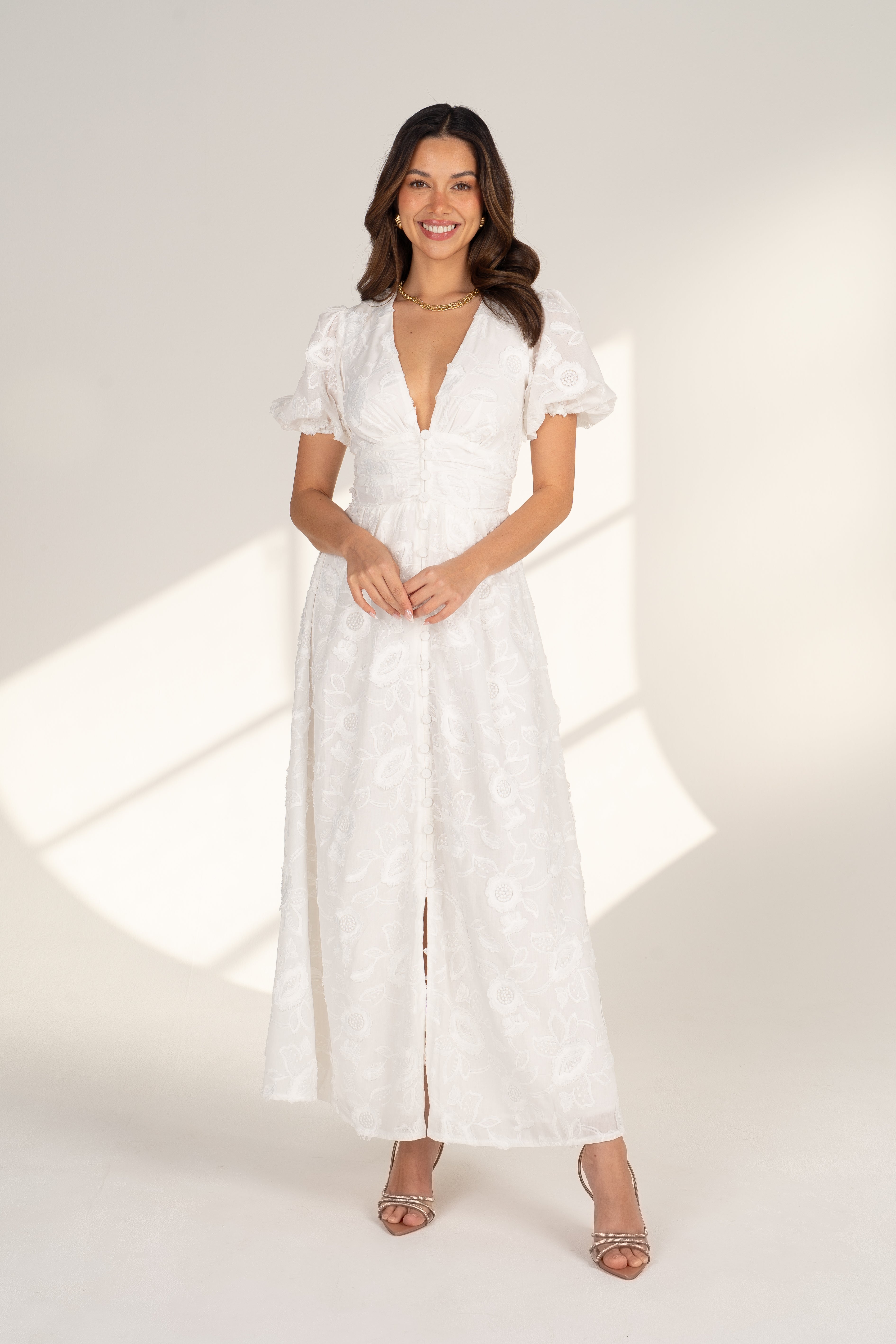Alissa Puff Sleeve Button Down Midi Dress