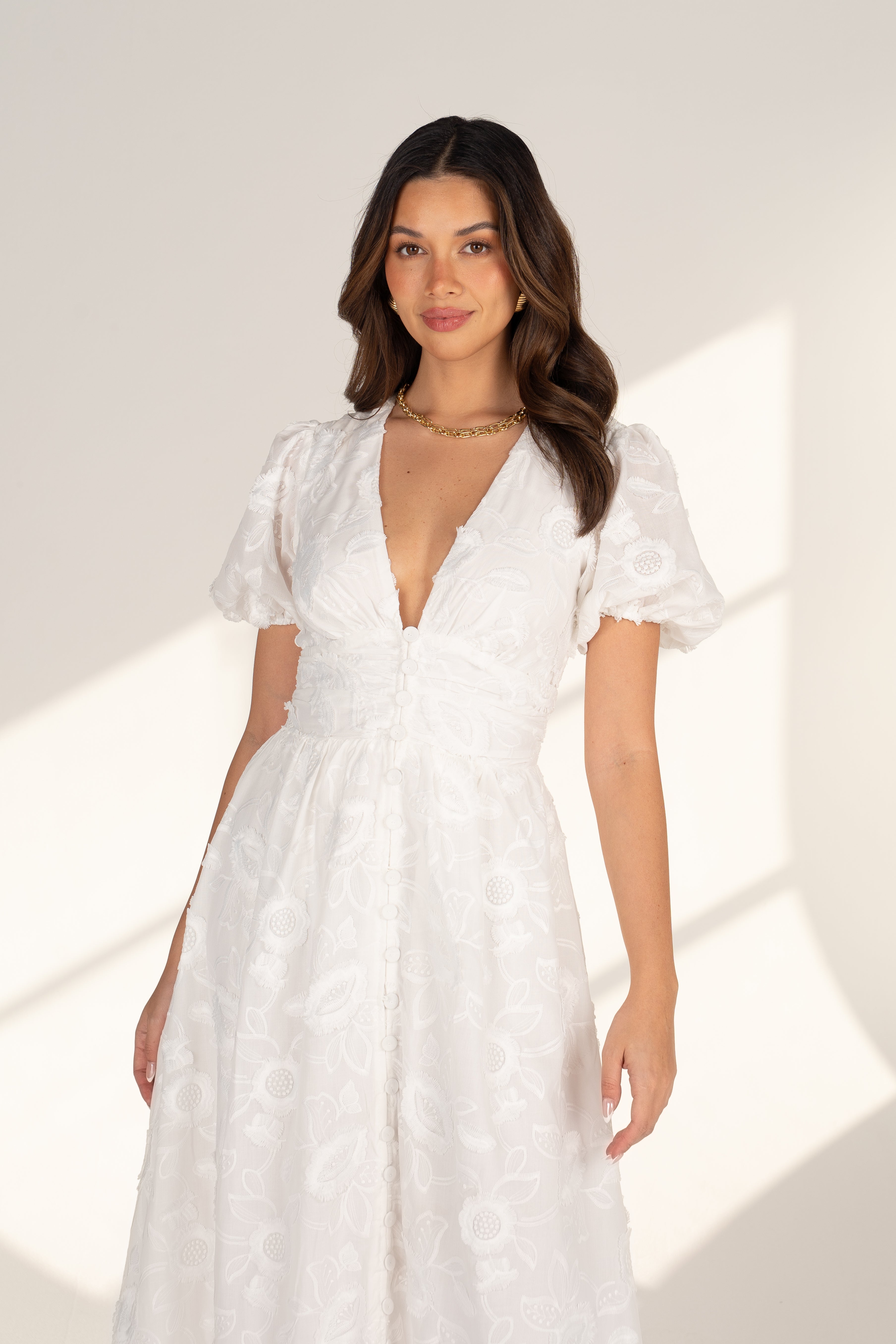 Alissa Puff Sleeve Button Down Midi Dress