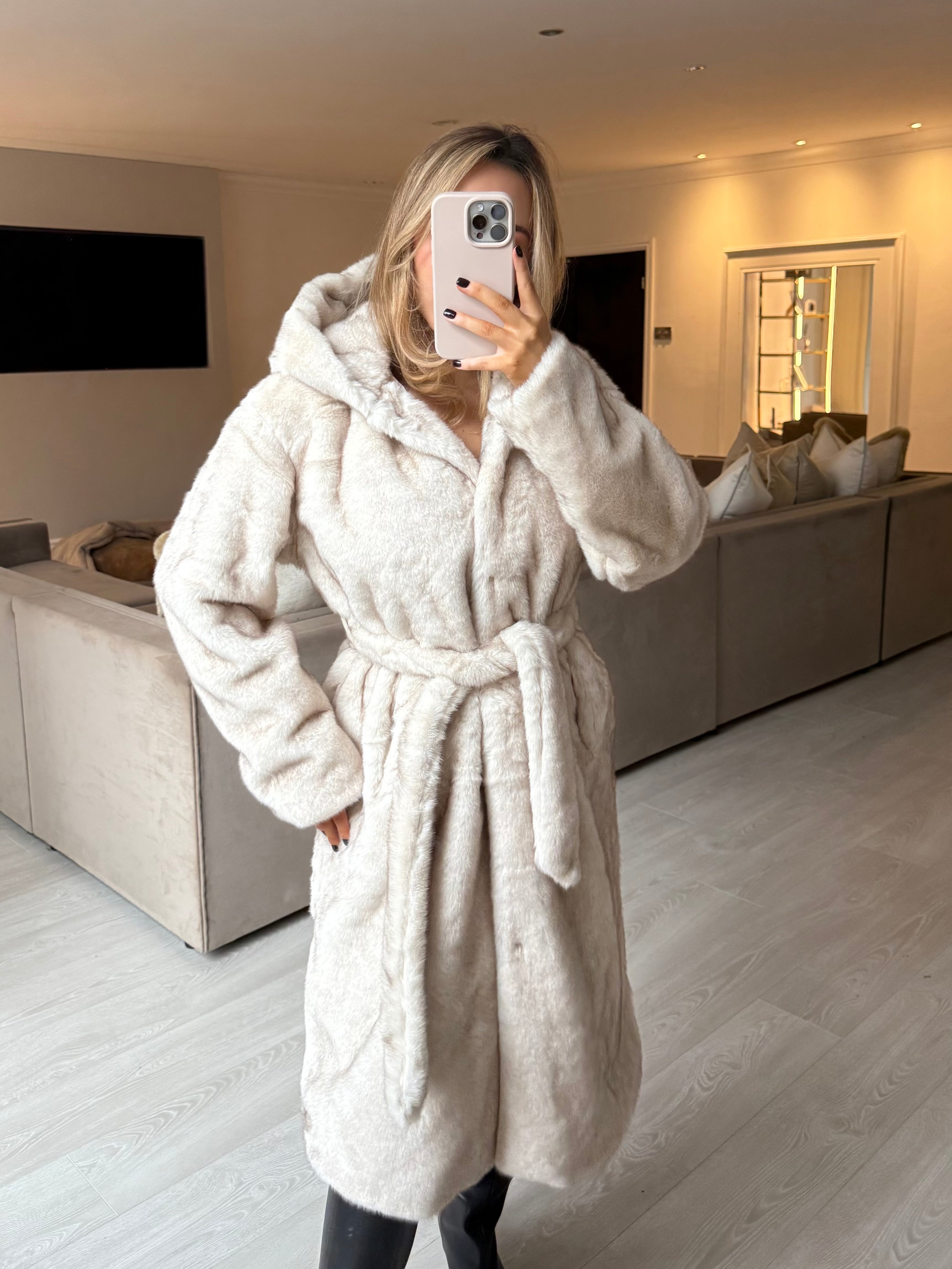 WILLOW Long Sleeved Faux Fur Hooded Long Belted Coat In Marble Snow