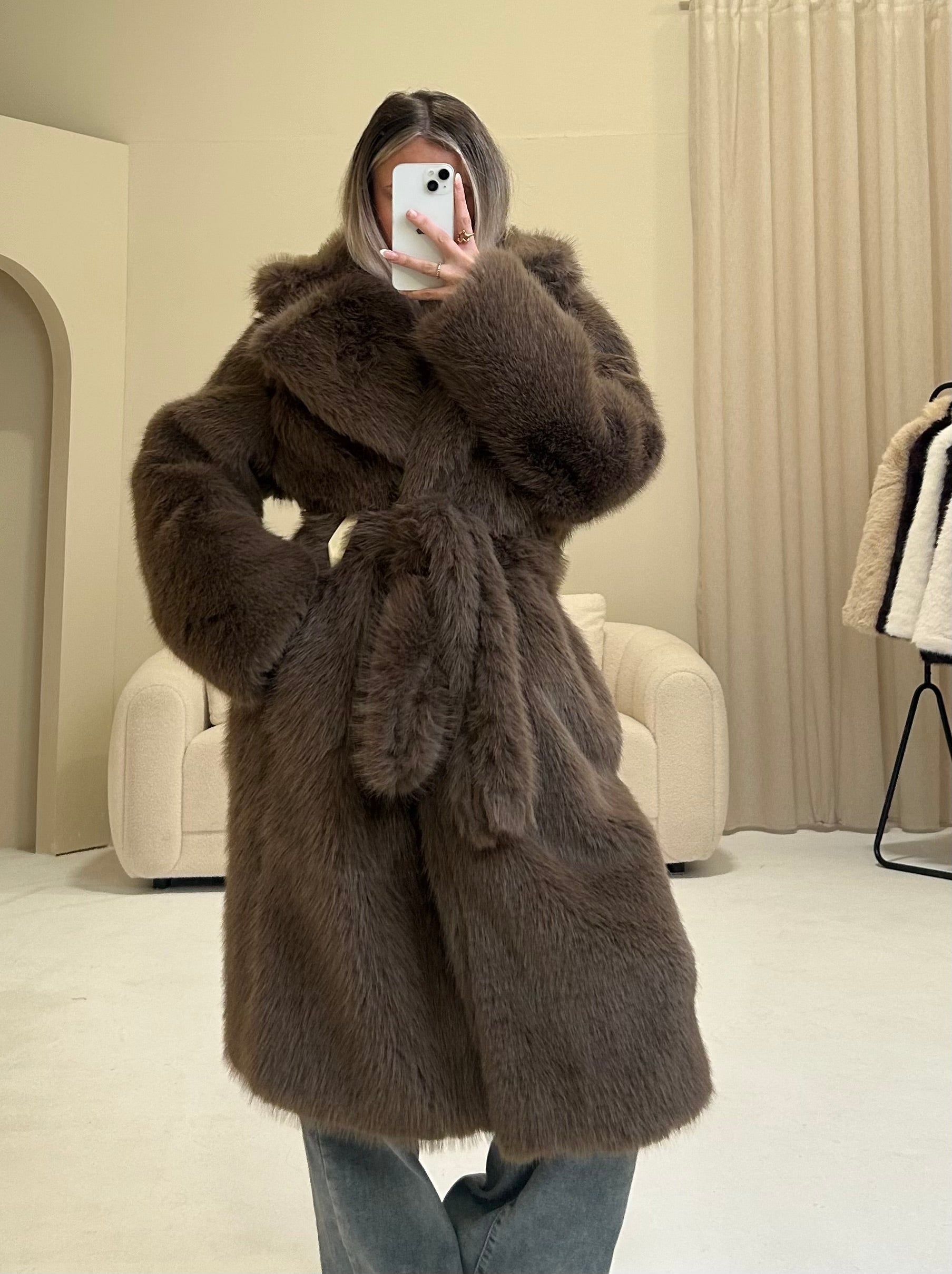 TEDDY Faux Fur Long Sleeved Tie Belt Coat In Truffle