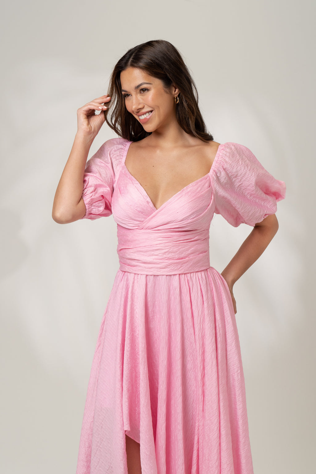 Bridget Puff Sleeve Midi Dress with Side Slit