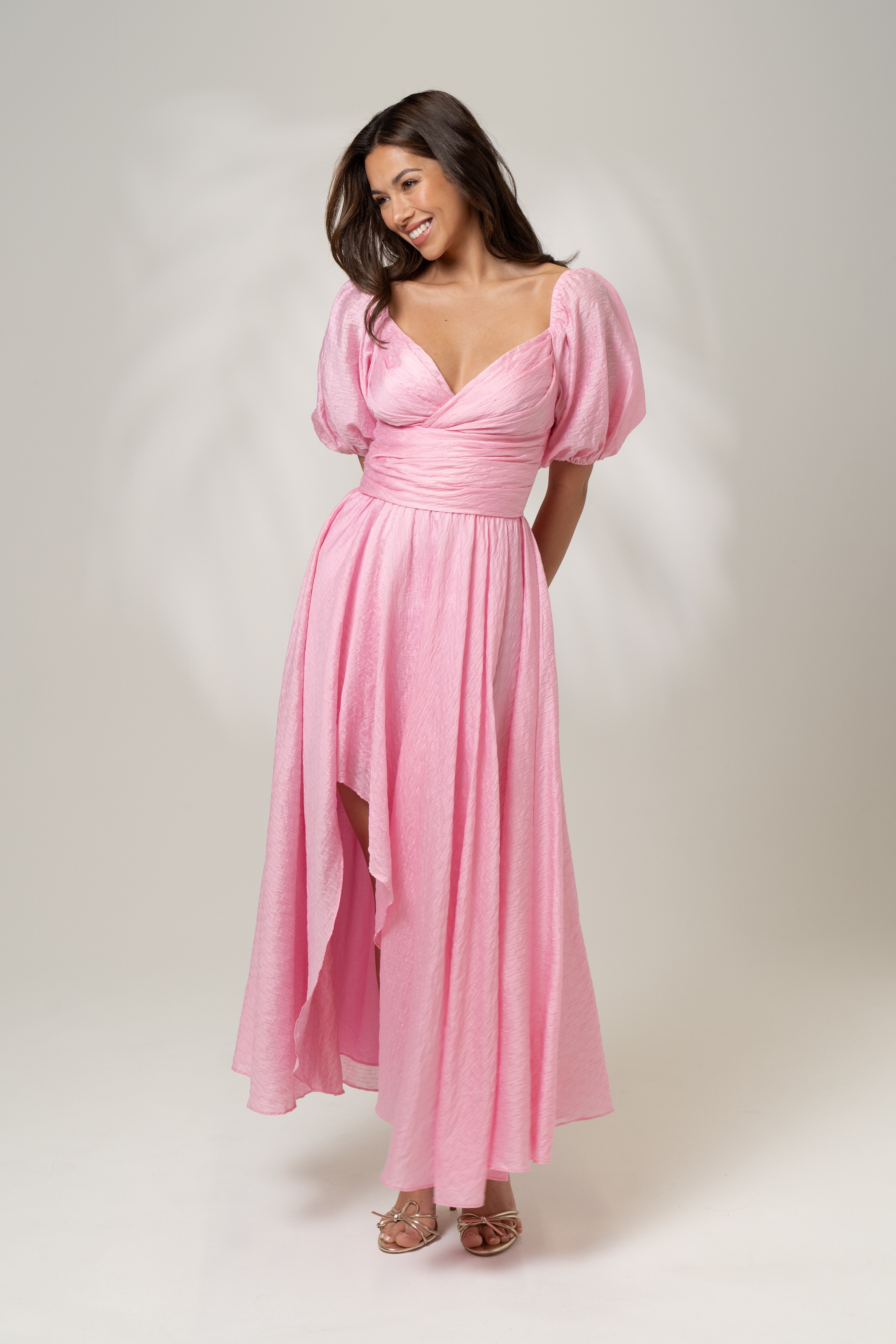 Bridget Puff Sleeve Midi Dress with Side Slit