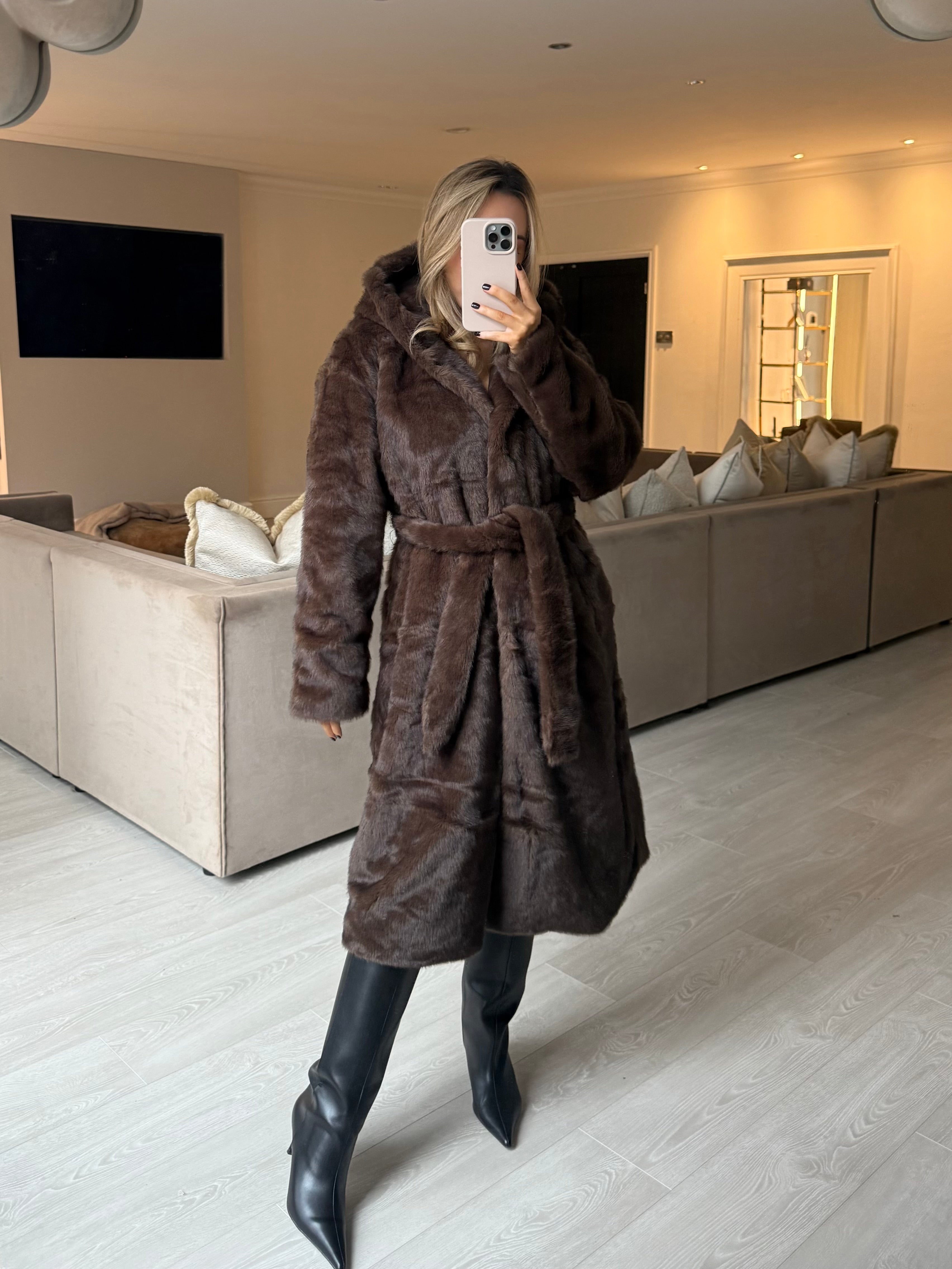WILLOW Long Sleeved Faux Fur Hooded Long Belted Coat In Chocolate