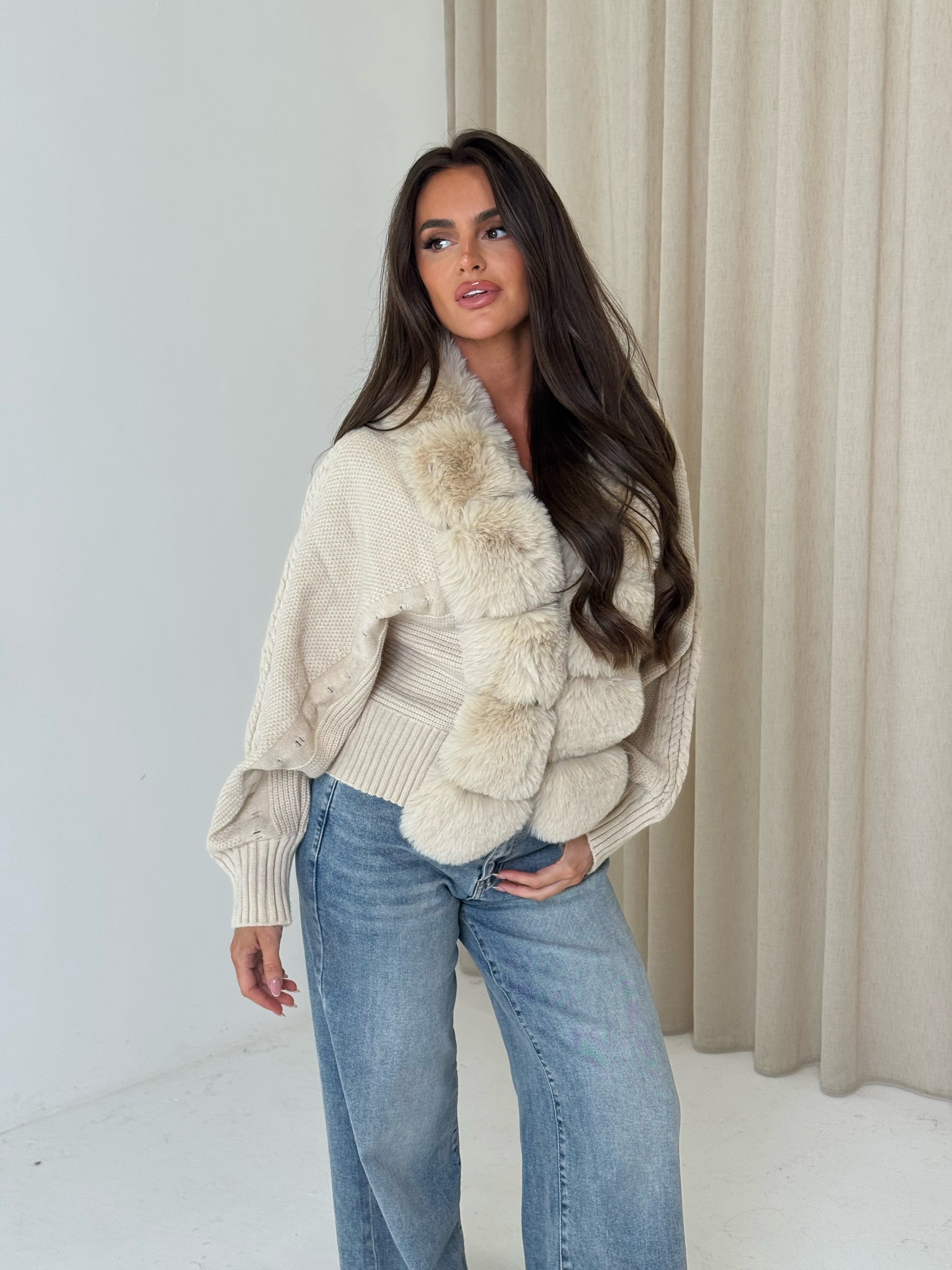 CARLA Knitted Faux Fur Long Sleeved Cardigan Jacket In Biscuit