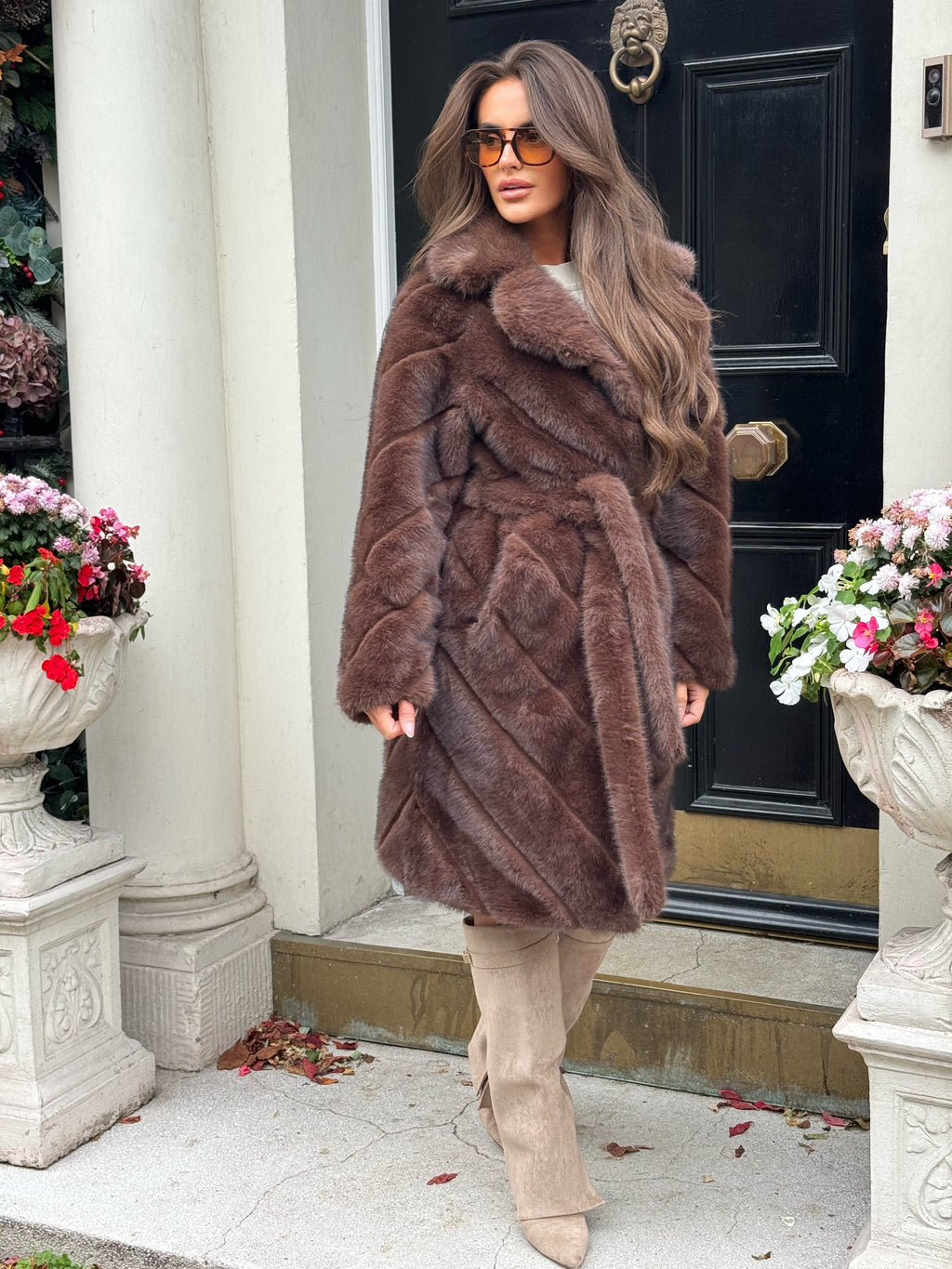 AUTUMN Longline Faux Fur Line Detail Coat with Belt In Chocolate