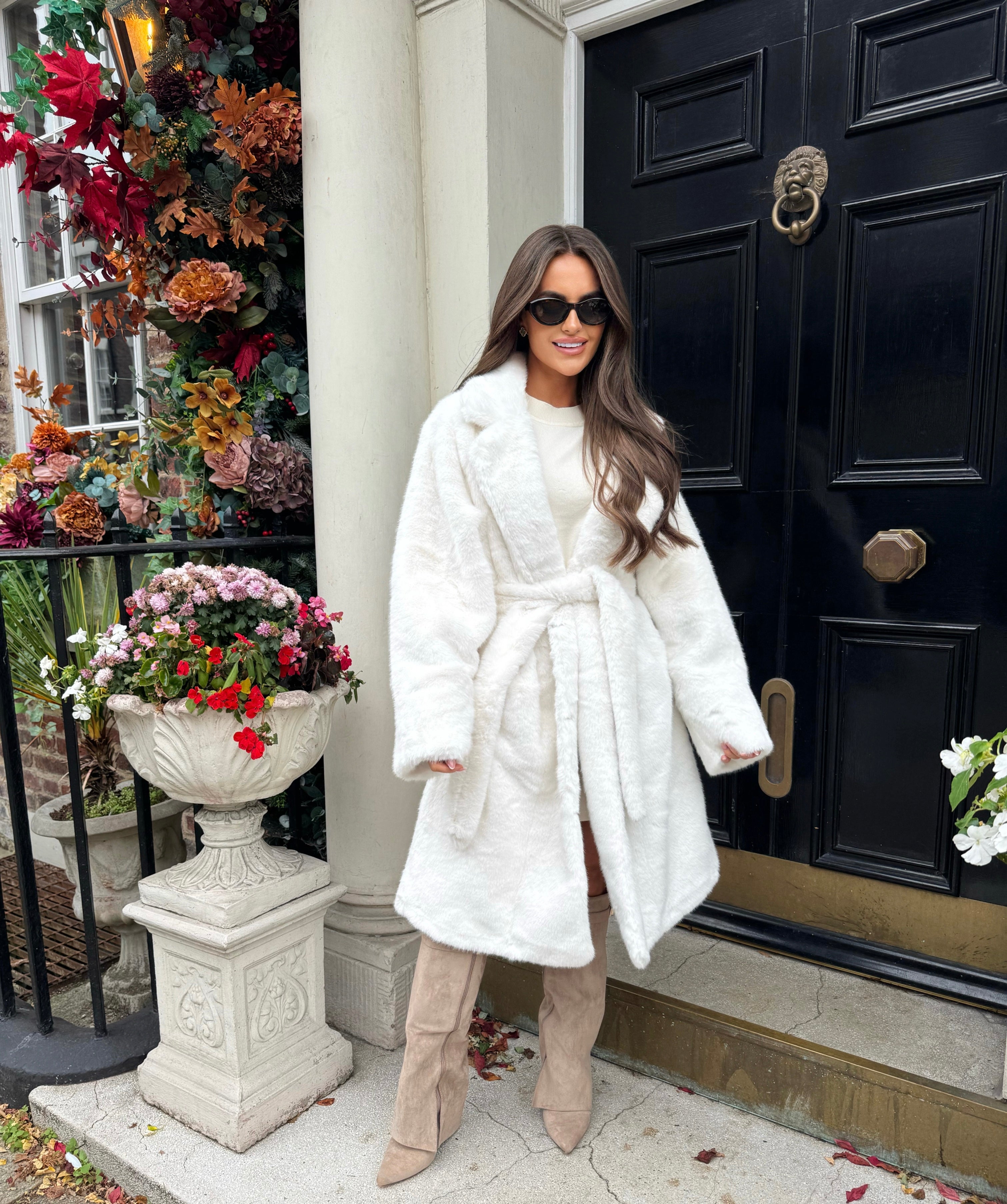 BEAR Faux Fur Long Sleeved Tie Belt Coat In White
