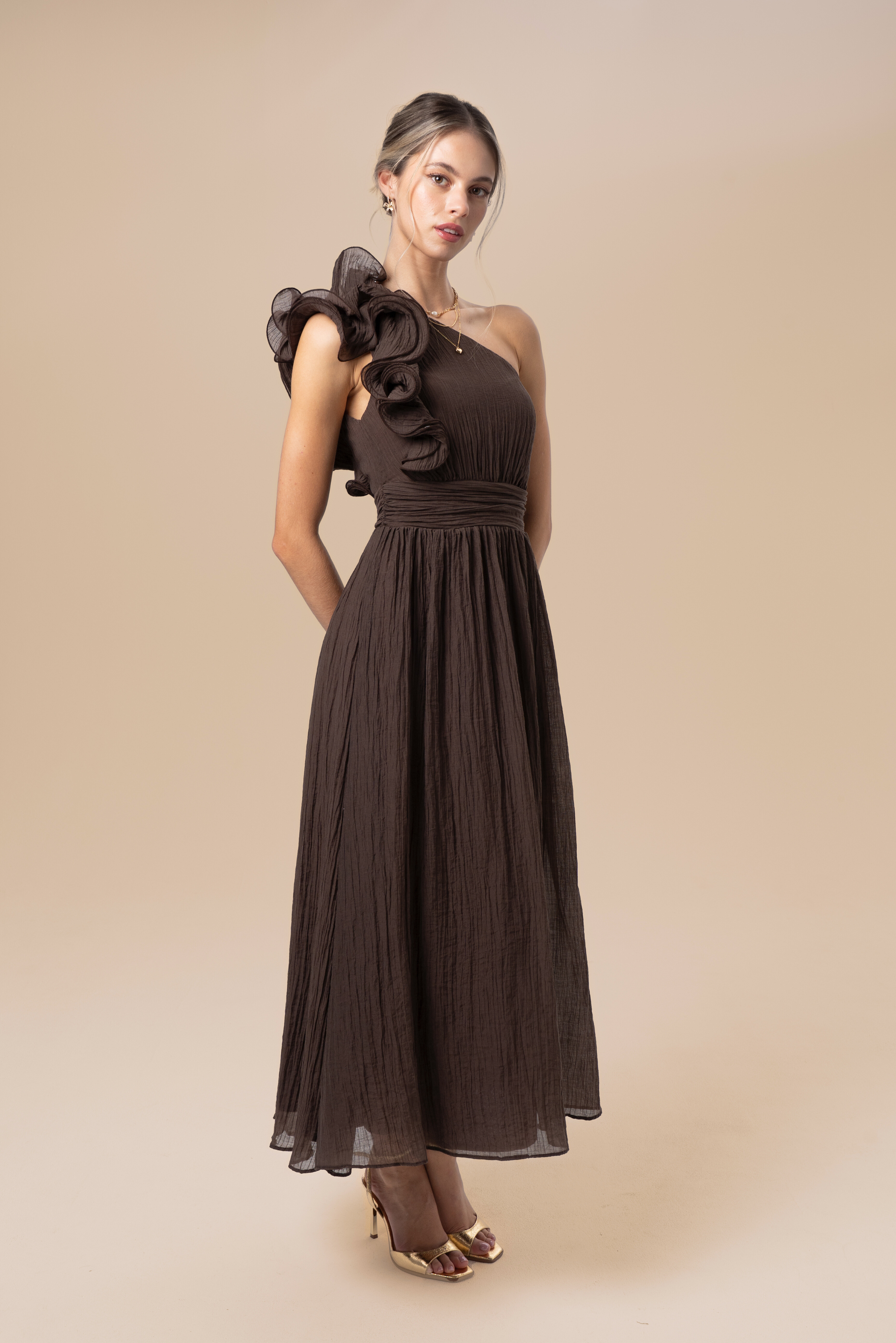 Zara One-Shoulder Ruffle Midi Dress