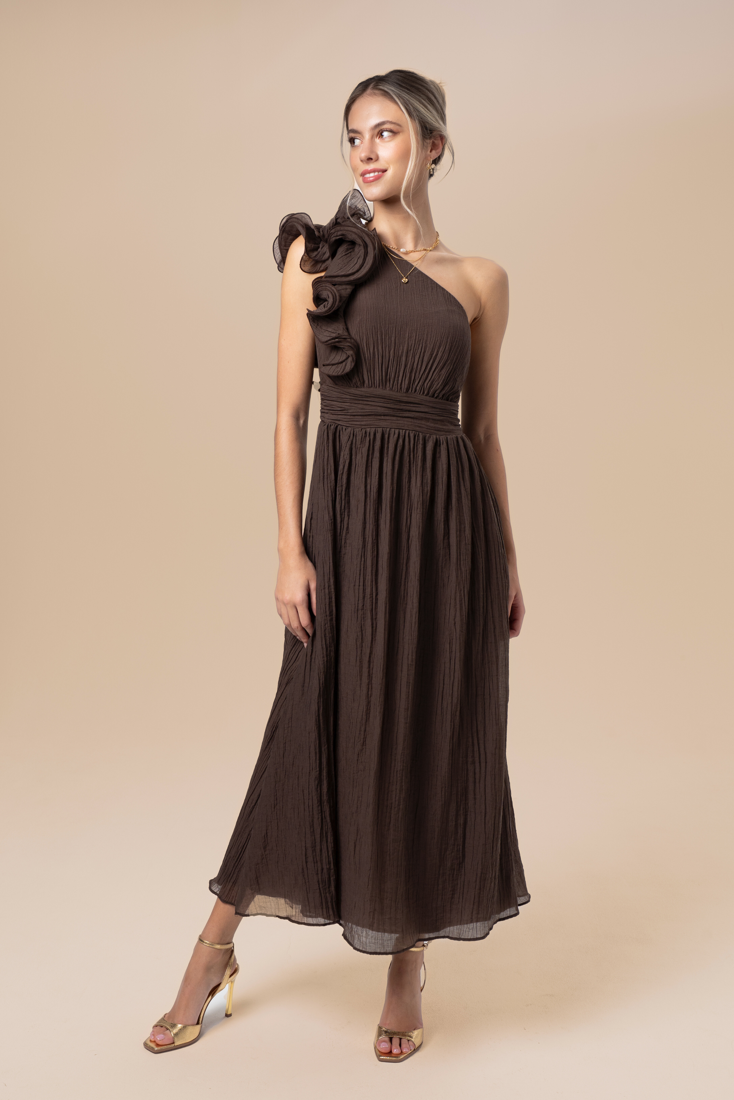 Zara One-Shoulder Ruffle Midi Dress