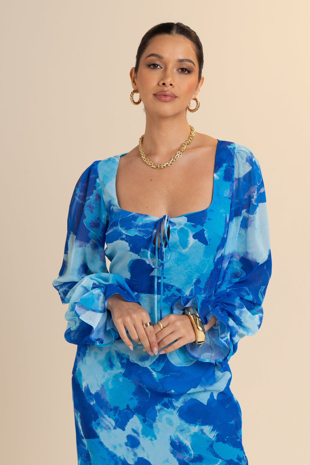 Mika Long Sleeve Blue Print Midi Dress