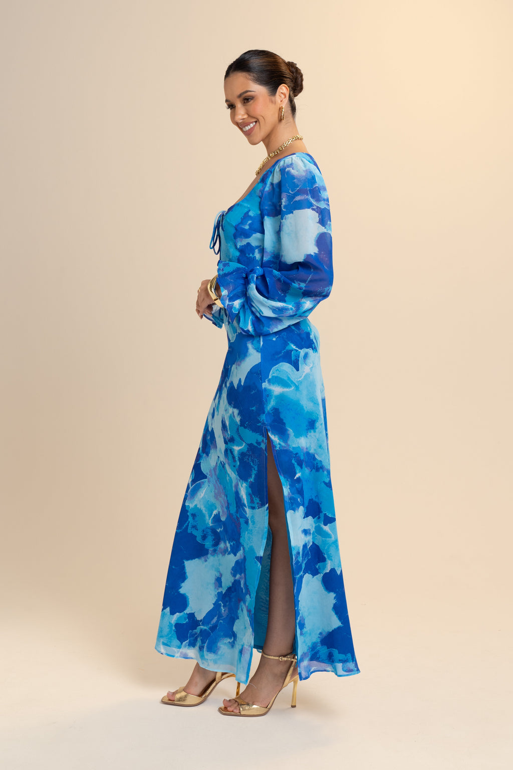 Mika Long Sleeve Blue Print Midi Dress