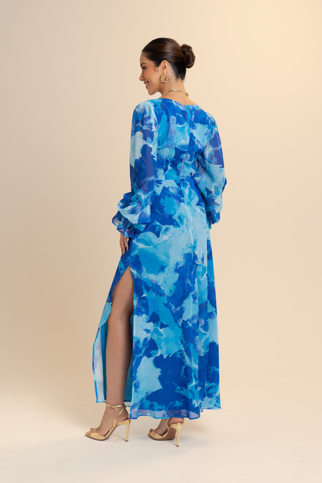 Mika Long Sleeve Blue Print Midi Dress