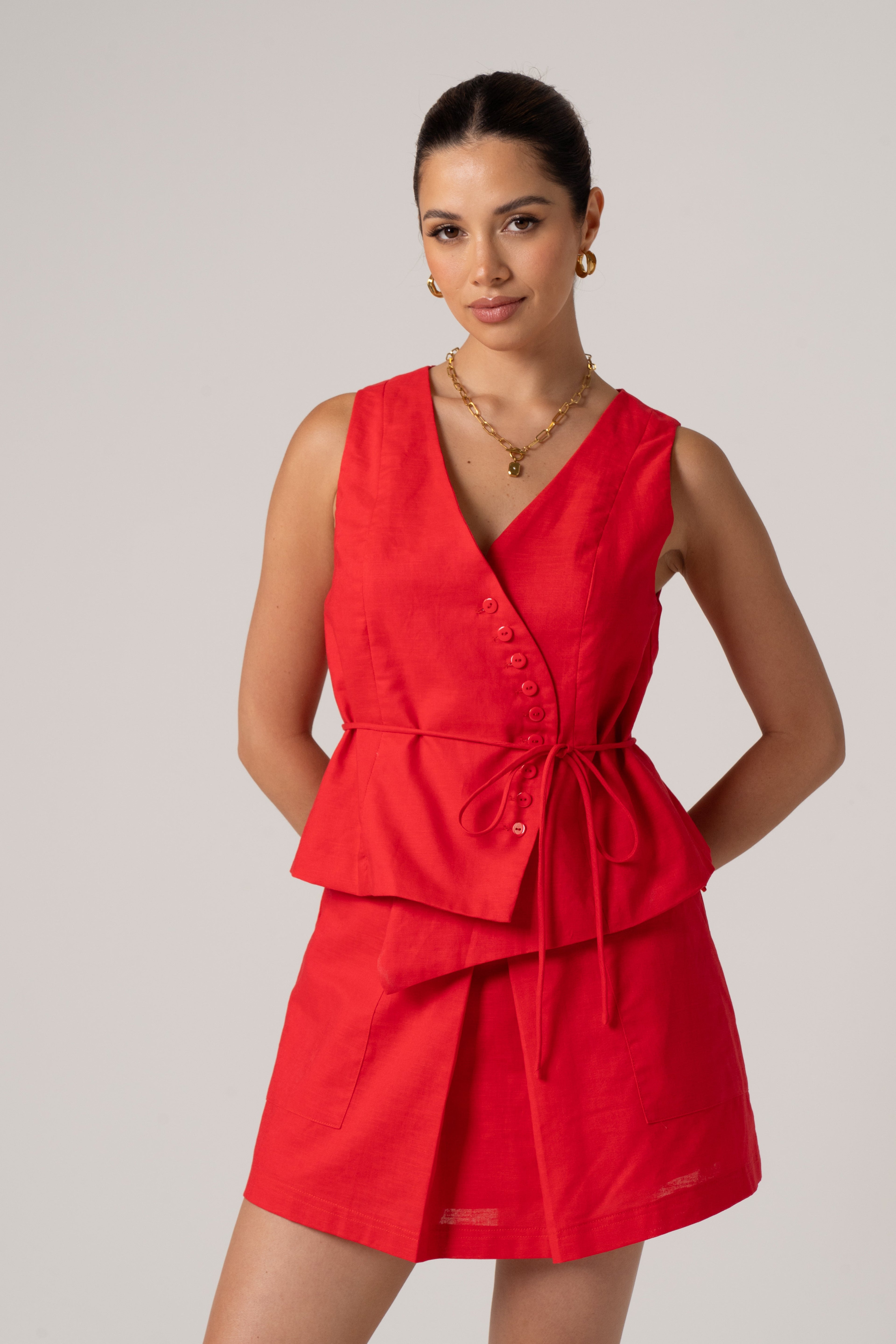 Eve Red Top & Short Set with Waist Tie